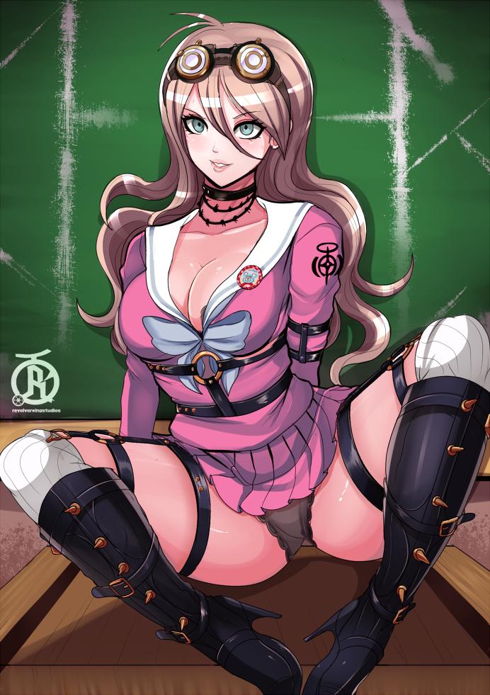 1girls, blonde hair, boots, cleavage, clothing, color, danganronpa, female, female only, hair, iruma miu, long hair, new danganronpa v3, panties, revolverwingstudios, solo, straight hair, video games, watermark