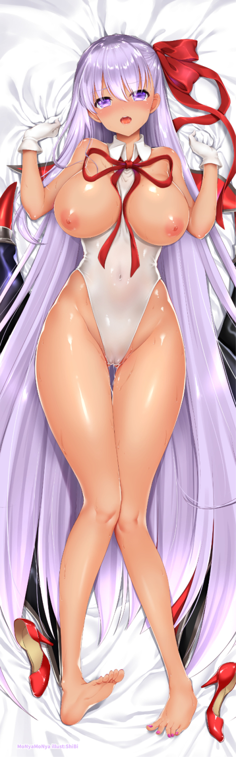 1girls bangs bare_arms bare_hips bare_legs bare_shoulders barefoot bb_(fate) bb_(swimsuit_mooncancer) between_breasts breasts breasts_out cameltoe clothes_between_breasts commentary_request covered_navel eyebrows_visible_through_hair fate/grand_order fate_(series) female footwear_removed furrowed_eyebrows gloves hair_spread_out half-closed_eyes hands_up head_tilt high_heels highleg highres hip_bones honeyshibi large_breasts lavender_eyes lavender_hair legs leotard lips long_hair looking_at_viewer nail_polish neckwear_between_breasts open_mouth pigeon-toed red_footwear red_neckwear shibi shiny shiny_hair shiny_skin shoes_removed soles solo straight_hair thigh_gap very_long_hair w_arms white_gloves wing_collar