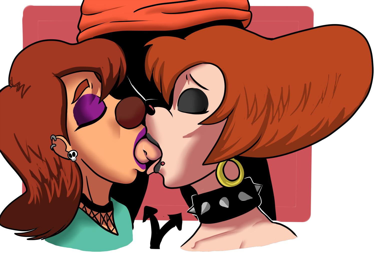 disney eyeshadow faceless_male goof_troop goth high_heel_boots hoop_earrings kissing_penis lewdy_toons lipstick makeup max_goof milf peg_pete penis roxanne_(goof_troop) threesome