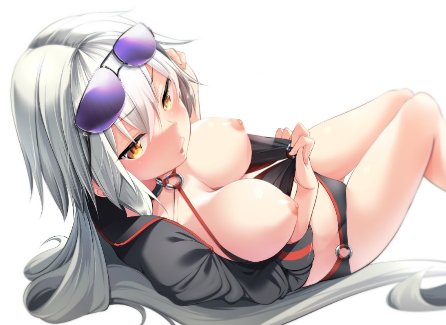 aki (akikaze asparagus), bikini, black bikini, black jacket, blush, breasts, cropped jacket, eyewear on head, fate (series), fate/grand order, female, female only, jacket, jacket pull, jeanne alter, jeanne d'arc (alter swimsuit berserker), jeanne d'arc (fate) (all), large breasts, long hair, looking at viewer, nipples, open mouth, silver hair, simple background, solo, sunglasses, swimsuit, white background, yellow eyes