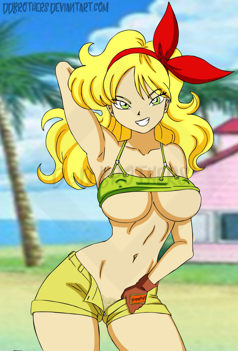 1girls bad_launch bandana blonde_hair cleavage ddbrothers dragon_ball dragon_ball_(classic) female female_only green_eyes kame_house launch open_shorts pubic_hair_peek shortshorts solo underboob