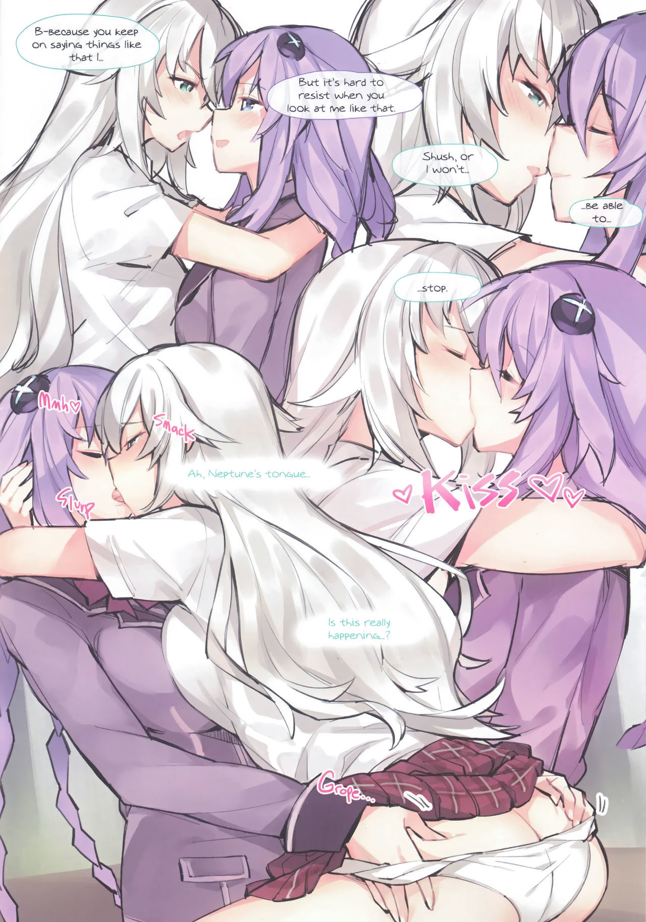 2girls, black heart, blue eyes, breasts, comic, cpu (neptunia), doujinshi, english, english text, female, gebyy-terar, green eyes, highres, multiple girls, neptune (neptunia), neptunia (series), noire, purple hair, purple heart (neptunia), sex, tagme, white hair, yuri