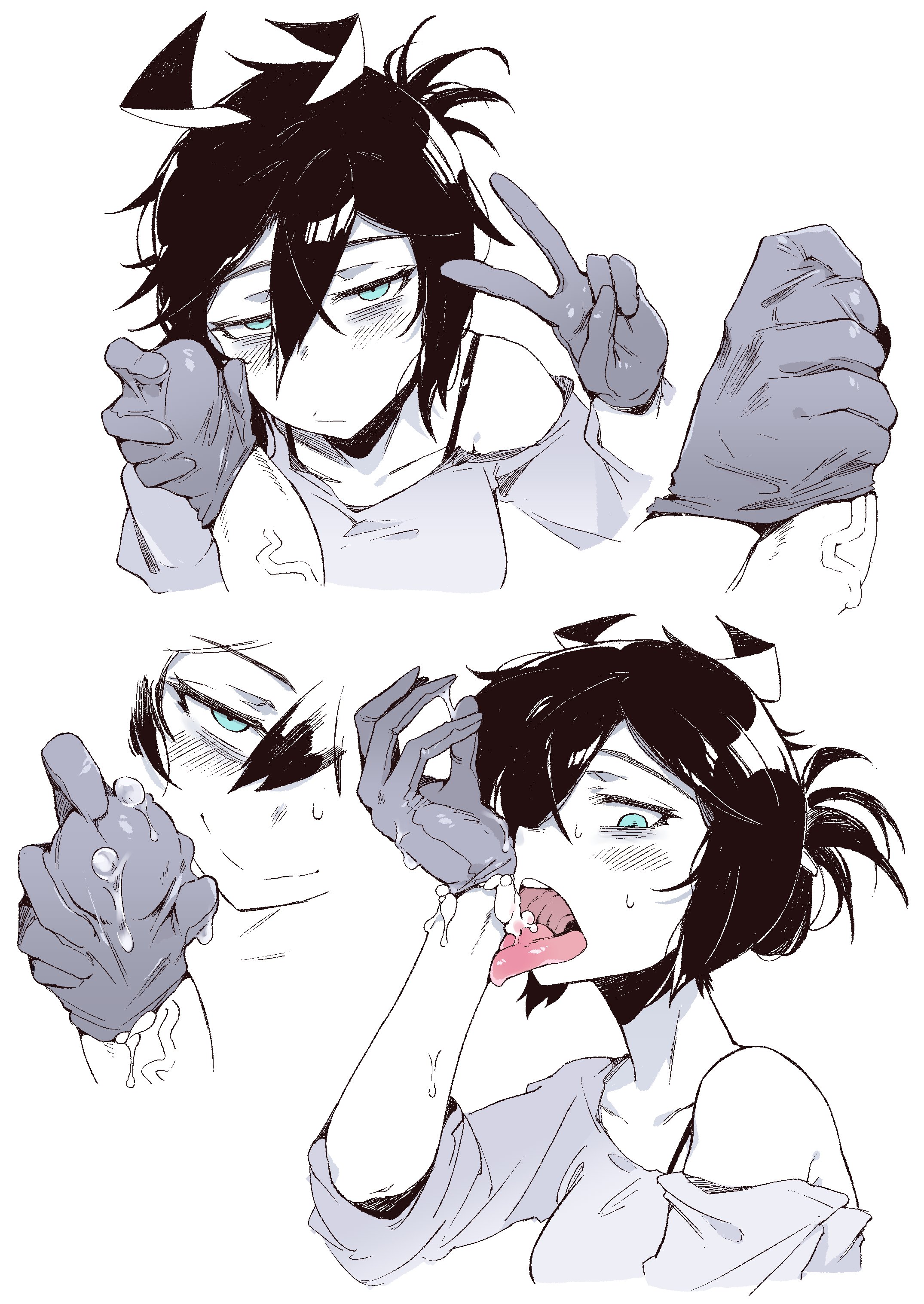 1boy, 1girls, absurdres, bags under eyes, big penis, black hair, blue eyes, crow-chan (karasu raven), cum, cum wearing, cum wearing (gloves), drinking cum, female, glovejob, gloves, handjob, highres, karasu raven, large penis, male, open mouth, original, penis, penis in glove, smile, tongue, tongue out, v, veins, veiny penis
