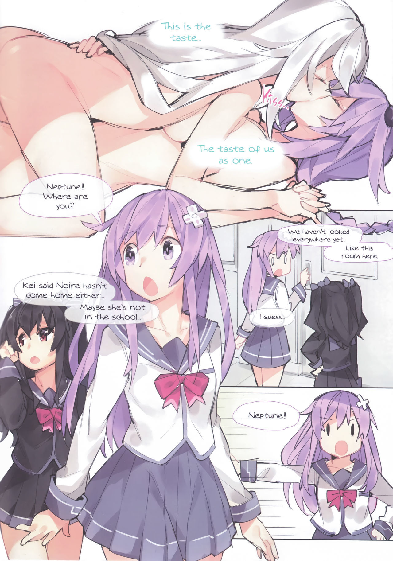 2girls, black heart, blue eyes, breasts, comic, doujinshi, english, english text, female, gebyy-terar, green eyes, highres, multiple girls, naked, neptune (neptunia), neptunia (series), nude, purple hair, purple heart (neptunia), sex, tagme, white hair, yuri