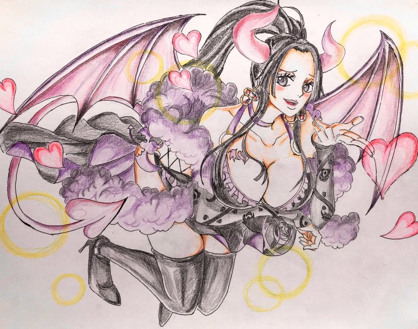 artist_request black_hair boa_hancock collar commentary_request demon_girl drawn female female_only heart horns mero_mero_no_mi one_piece smile succubus tagme tail wings