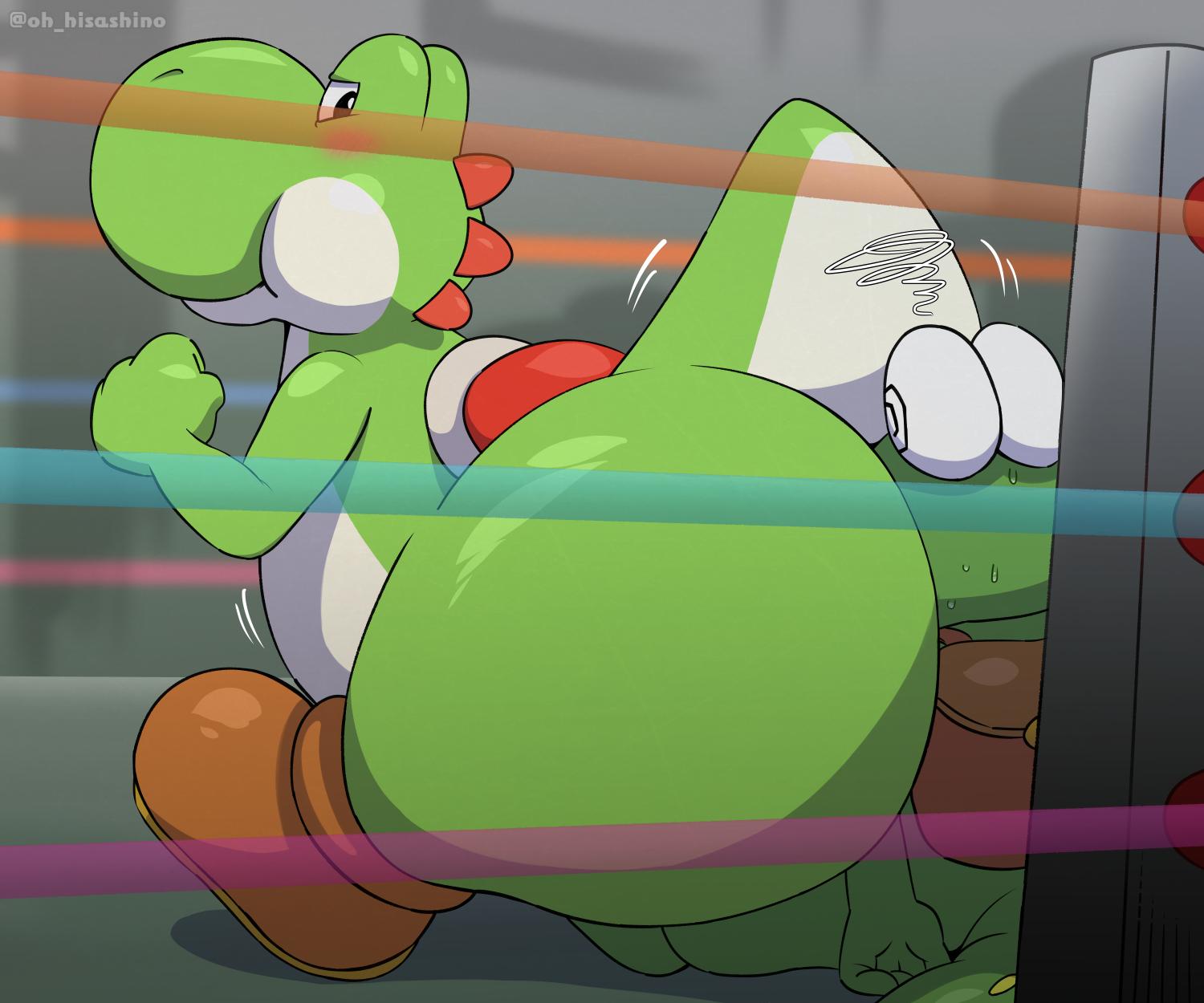 2019 ambiguous_gender ass big_butt butt_crush croc croc:_legend_of_the_gobbos crocodile crocodilian crocodylid duo facesitting fighting_ring green_skin green_yoshi hi_res hisashino male_only mario_(series) nintendo reptile scalie size_difference spiral_eyes video_games yoshi