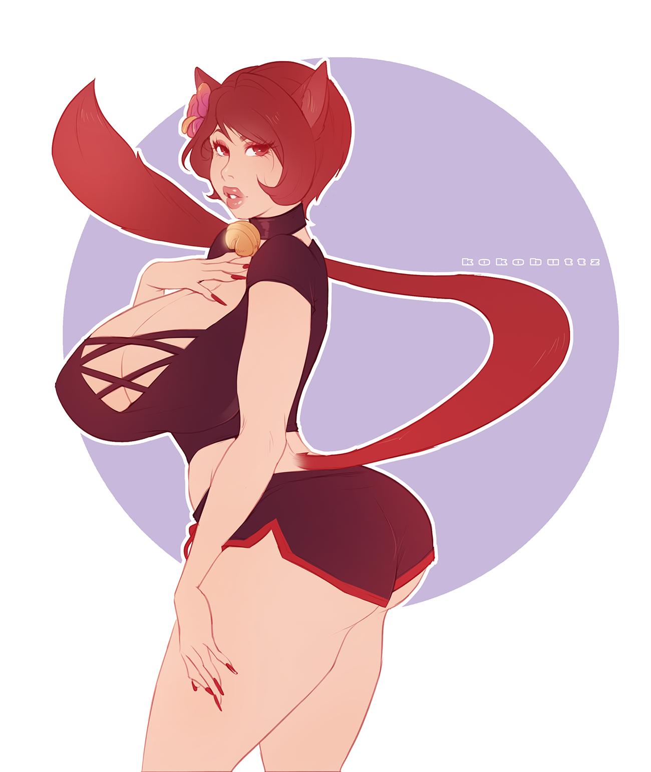1girls, animal ears, artist name, ass, big breasts, breasts, cleavage, clothing, curvy, female, kokobuttz, large breasts, red hair, short shorts, shorts, tail, watermark