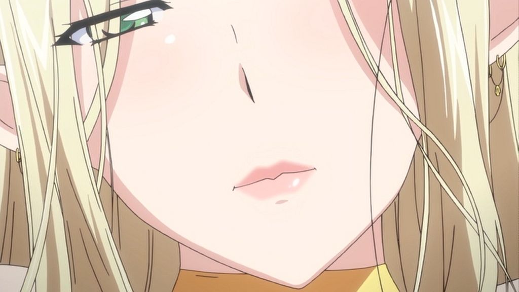 anime screencap, blonde hair, celestine lucross, commentary request, divine slut, elf, elf female, female, female elf, goddess, green eyes, hair over one eye, kuroinu ~kedakaki seijo wa hakudaku ni somaru~, lips, looking at viewer, milf, ova, screencap, screenshot