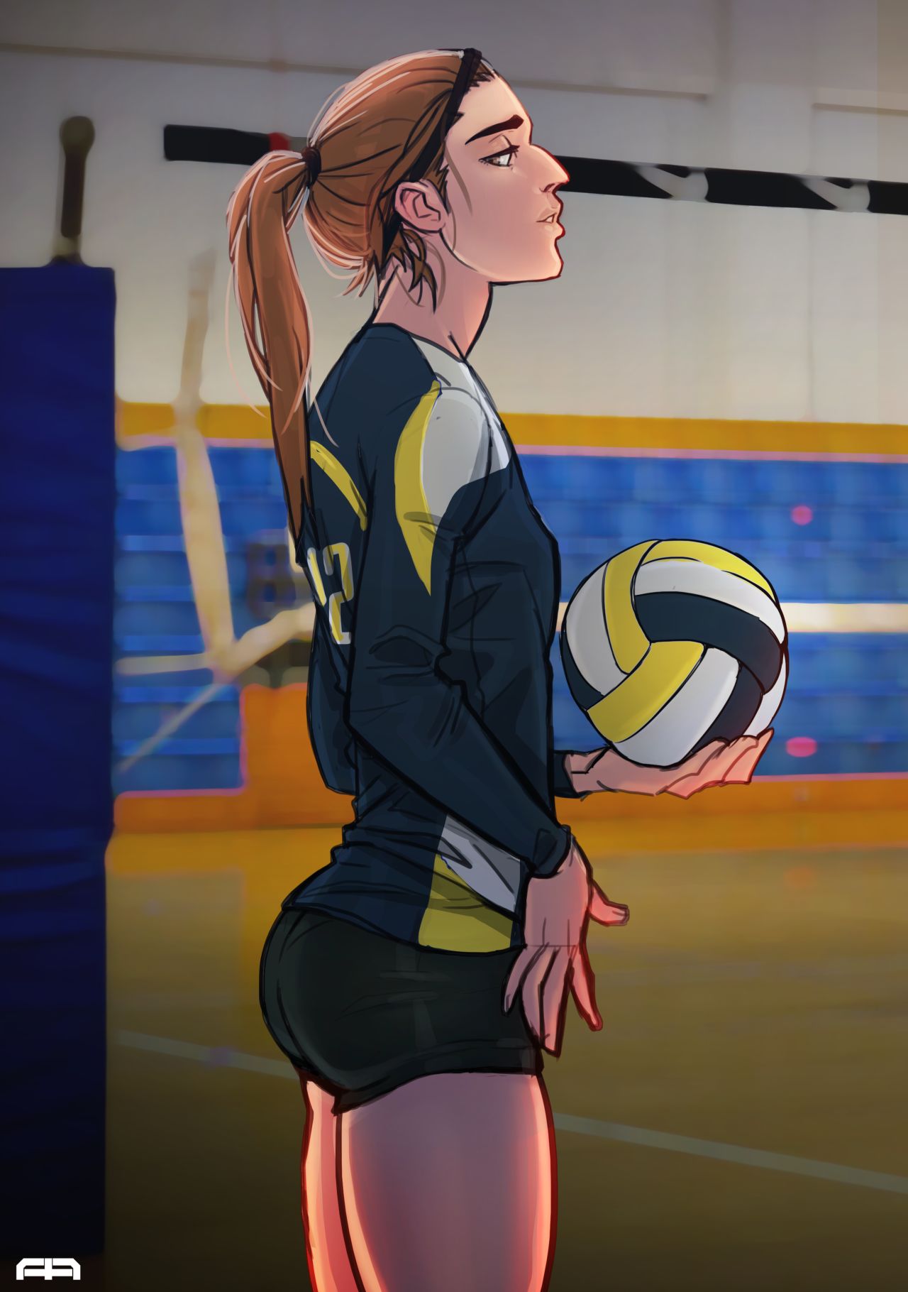 andava, andavaverse, ass, big ass, booty shorts, breasts, brunette, clothed, erica andreyko, female, fully clothed, gold eyes, hairband, ponytail, small breasts, uniform, volleyball, volleyball shorts, volleyball uniform