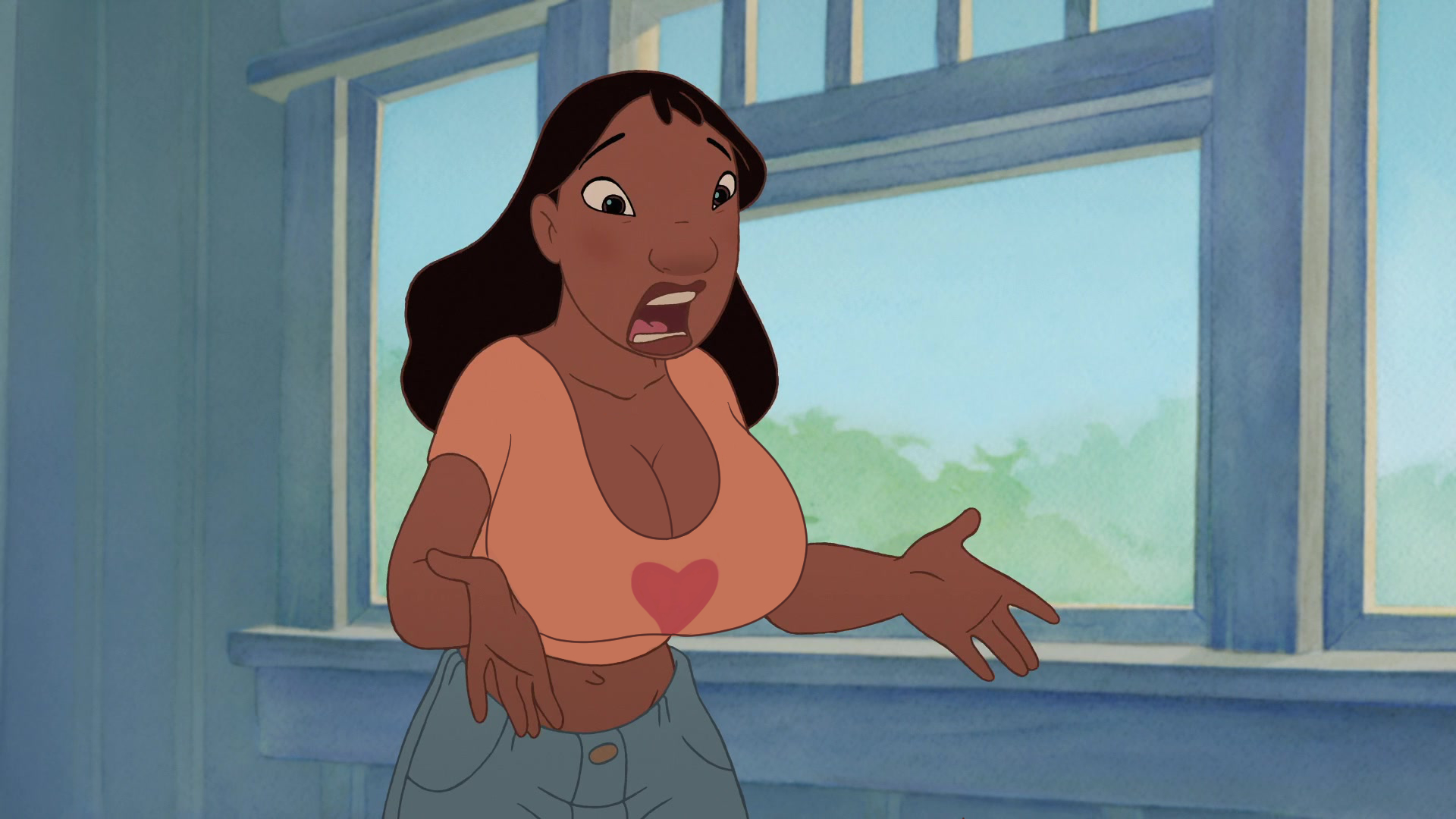 accurate art style, big breasts, breasts, cleavage, dark skin, dark-skinned female, disney, edit, female, fully clothed, gan (artist), huge breasts, lilo and stitch, lips, nani pelekai, plump lips, screenshot, screenshot edit