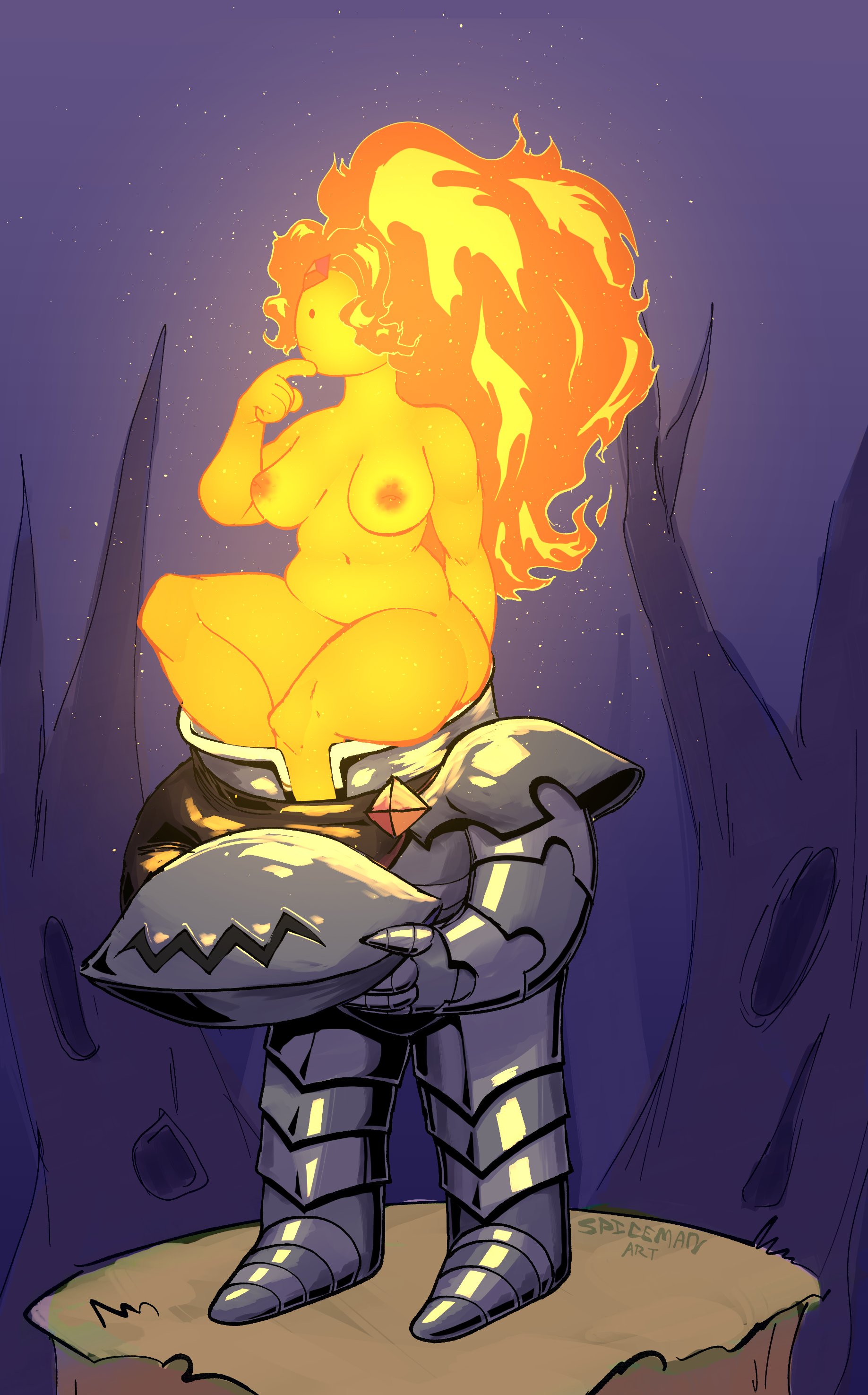 adventure time, adventure time: fionna & cake, amulet, armor, armored female, boobs out, casual, female, flame princess, nonsexual, nonsexual nudity, nude, nude female, outdoors, outerwear, spicemanart, thinking, without clothes