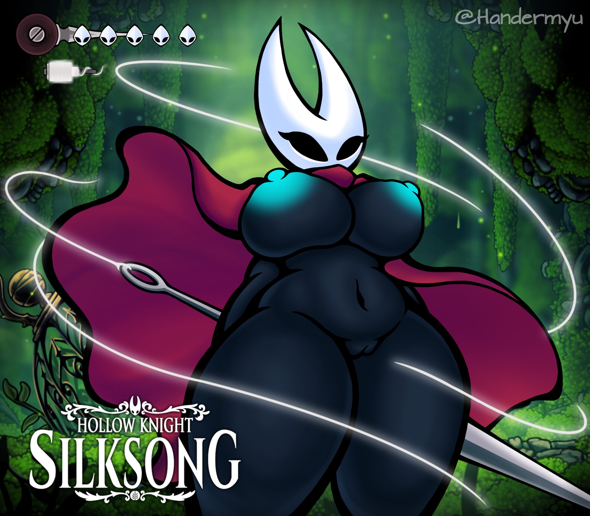 2025, areola, arthropod, artist name, big breasts, biped, black body, blue nipples, breasts, cloak, cloak only, clothed, clothing, curvy figure, detailed background, digital drawing (artwork), digital media (artwork), english text, eyelashes, female, front view, gameplay mechanics, genitals, handermyu, hi res, hollow knight, hollow knight (franchise), hollow knight: silksong, hornet (hollow knight), humanoid, melee weapon, moss, mostly nude, mostly nude female, navel, nipples, plant, red clothing, solo, standing, team cherry, text, thick thighs, vulva, weapon, wide hips
