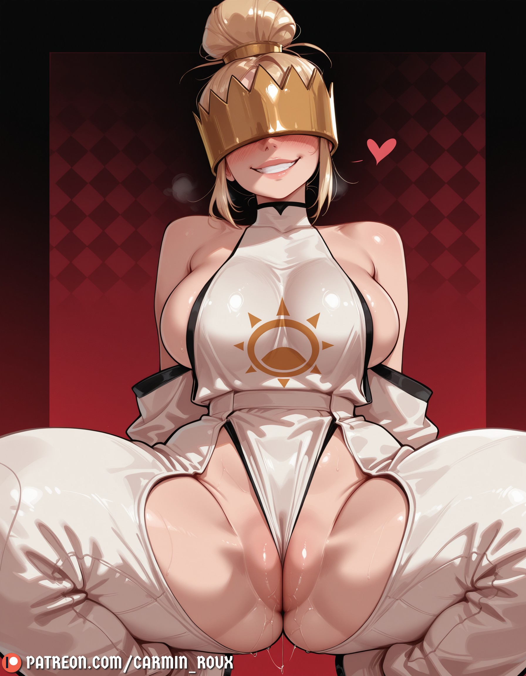 ai generated, bare shoulders, blonde hair, blush, breasts, carminroux, covered eyes, detached sleeves, en'en no shouboutai, enen no shouboutai, facing viewer, female, female only, grin, hair bun, haumea (enen no shouboutai), haumea (fire force), heart, helmet, hip vent, large breasts, leotard, partially visible vulva, patreon logo, patreon username, pussy juice, sideboob, single hair bun, smile, solo, spread legs, squatting, teeth, thick thighs, thighs, web address, white leotard
