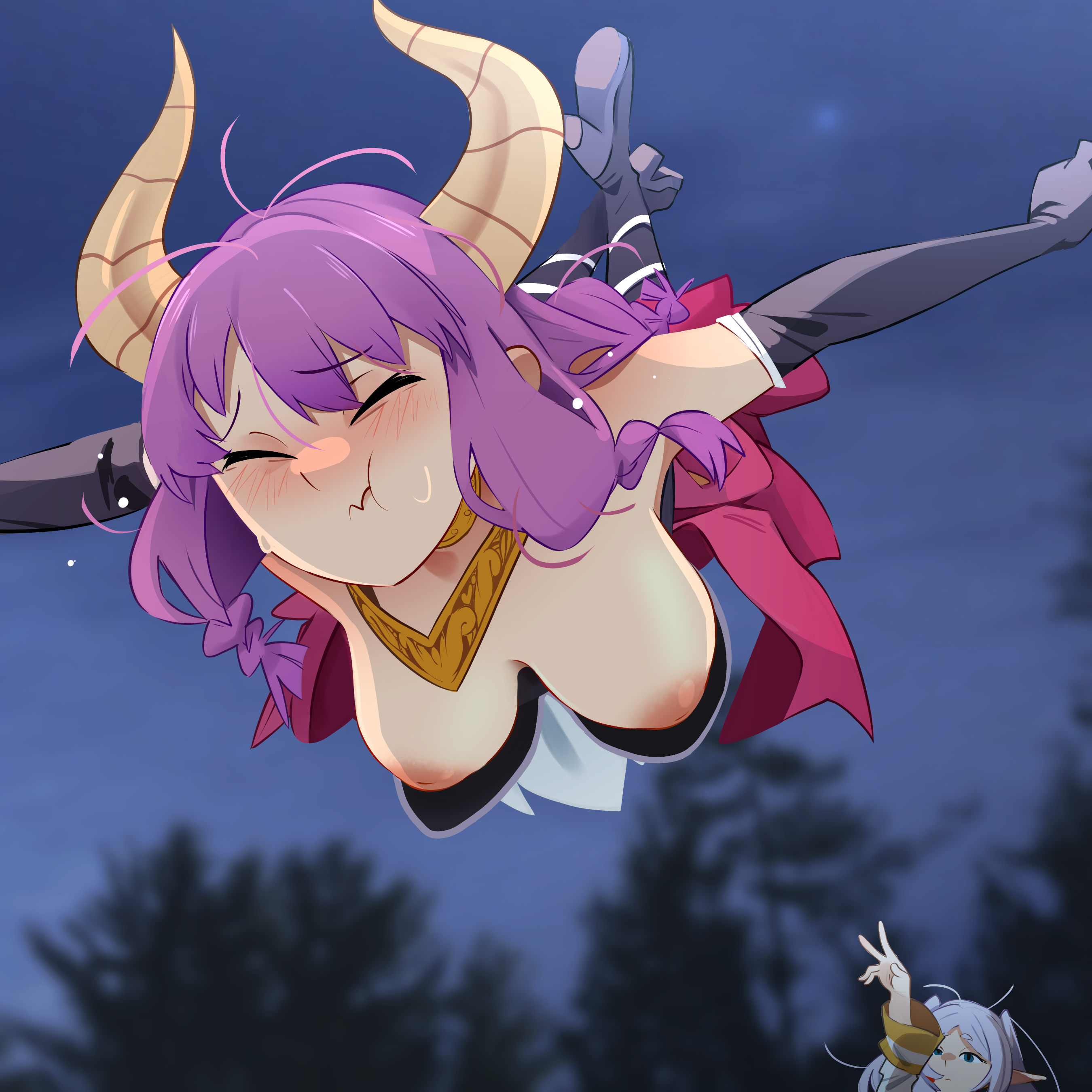 accidental exposure, aura (sousou no frieren), demon, demon girl, demon horns, frieren, frieren beyond journey's end, inverted nipples, khyleri, nipples, pout, pouting, purple hair, sousou no frieren, tagme, tits out, wardrobe malfunction