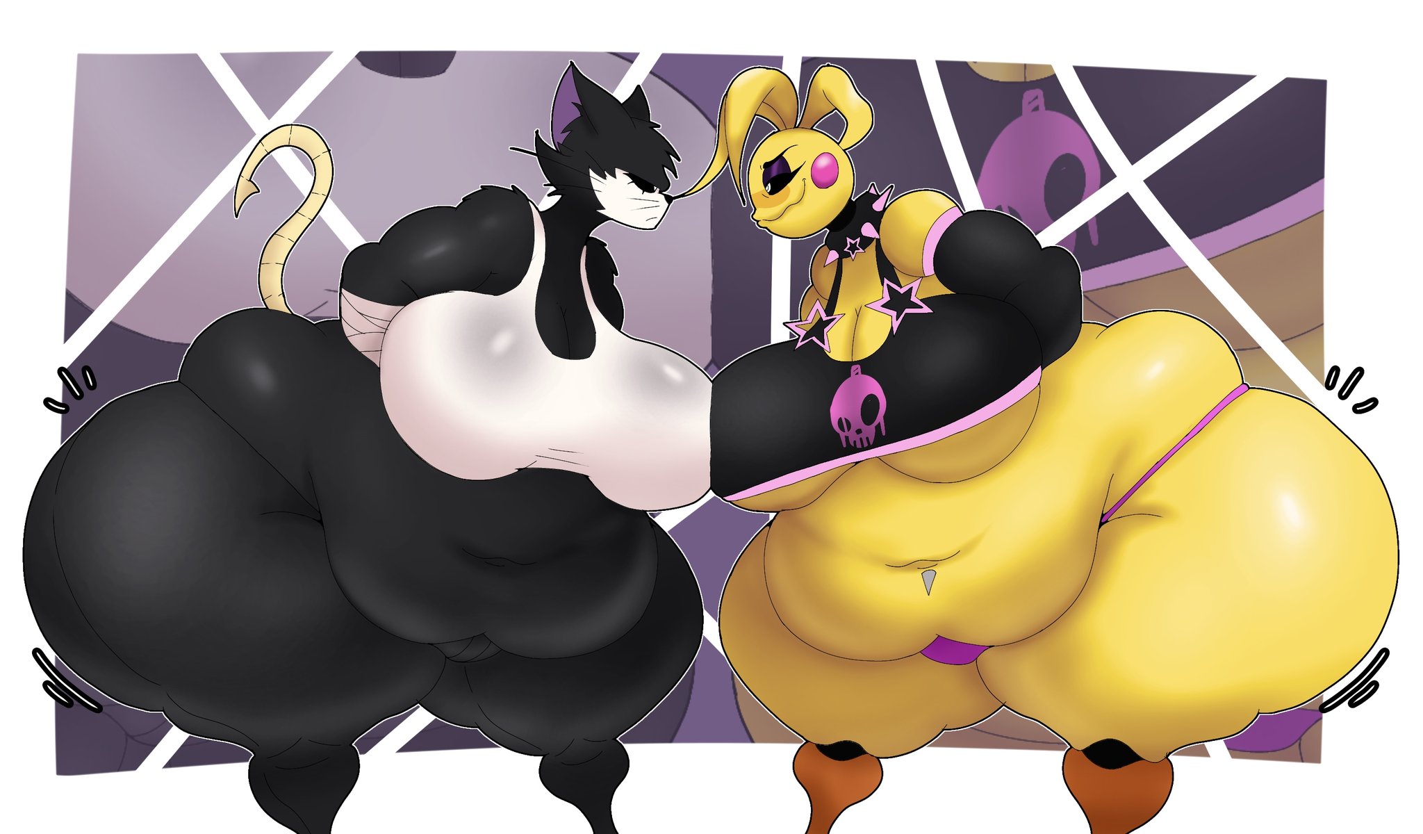 2girls, animatronic, anthro, armwarmer, armwear, ass, bandaged arm, bbw, belly, belly overhang, belly piercing, big ass, big breasts, black body, black fur, black sclera, breast press, breast squish, breasts, breasts pressed together, bubble butt, cleavage, collar, countershade face, countershading, curvy, duo, eyeliner, fat, fat female, fat folds, female, female only, five nights at freddy's, five nights at freddy's 2, fnaf, furry, hair tuft, hips, looking at another, love handles, marking below eyes, markings, mascara, midriff, miss crow (thedeathcrow), muffin top, navel, navel piercing, obese, obese female, oc, original character, overweight, overweight female, pants, rivals, rule 63, skindentation, spiked collar, staredown, tail, tank top, thedeathcrow05, thong, toy chica (fnaf), toy chica (justminkov), underboob, voluptuous, whiskers, white body, white eyes, white fur, yellow body