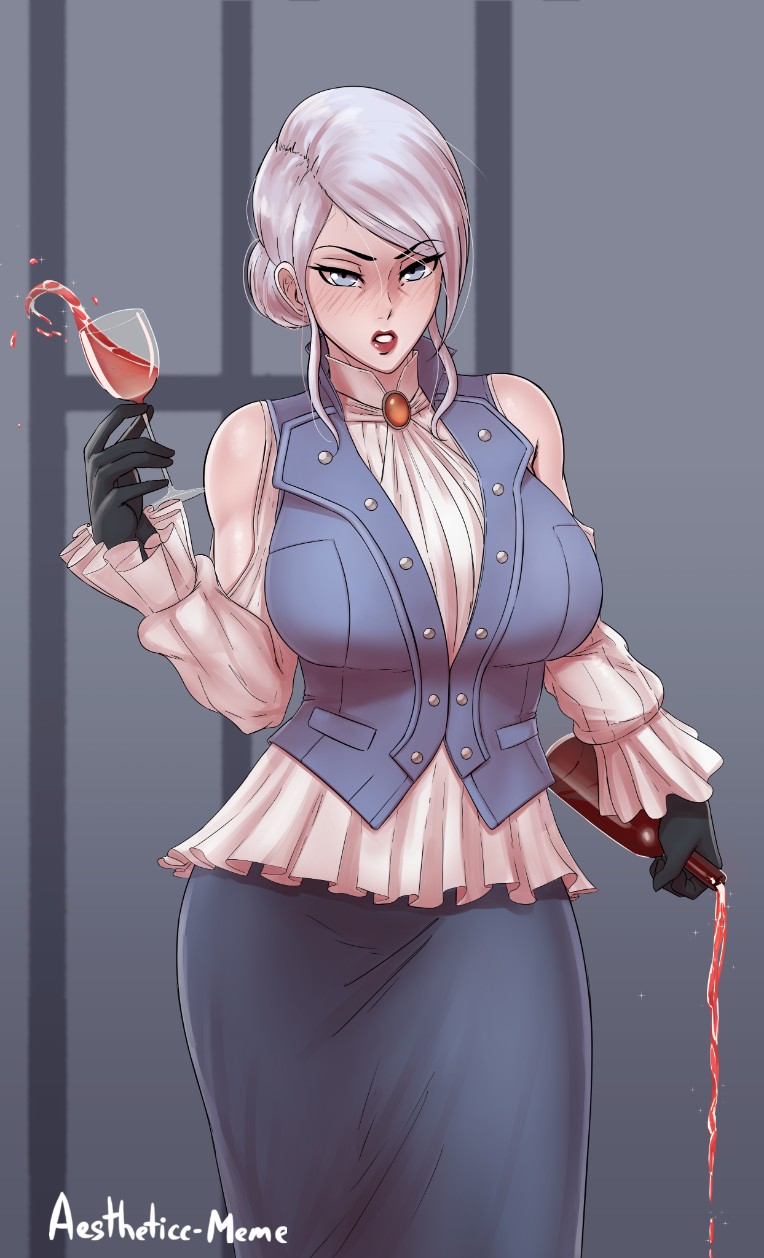 1girls, 2019, aestheticc-meme, alcohol, artist name, blush, breasts, busty, clothed, clothed female, drunk, drunk female, female, female only, glass, gloves, half-closed eyes, human, human only, lipstick, looking at viewer, milf, questionable, rwby, sfw, solo, text, thick thighs, watermark, white hair, wide hips, willow schnee, wine, wine bottle, wine glass
