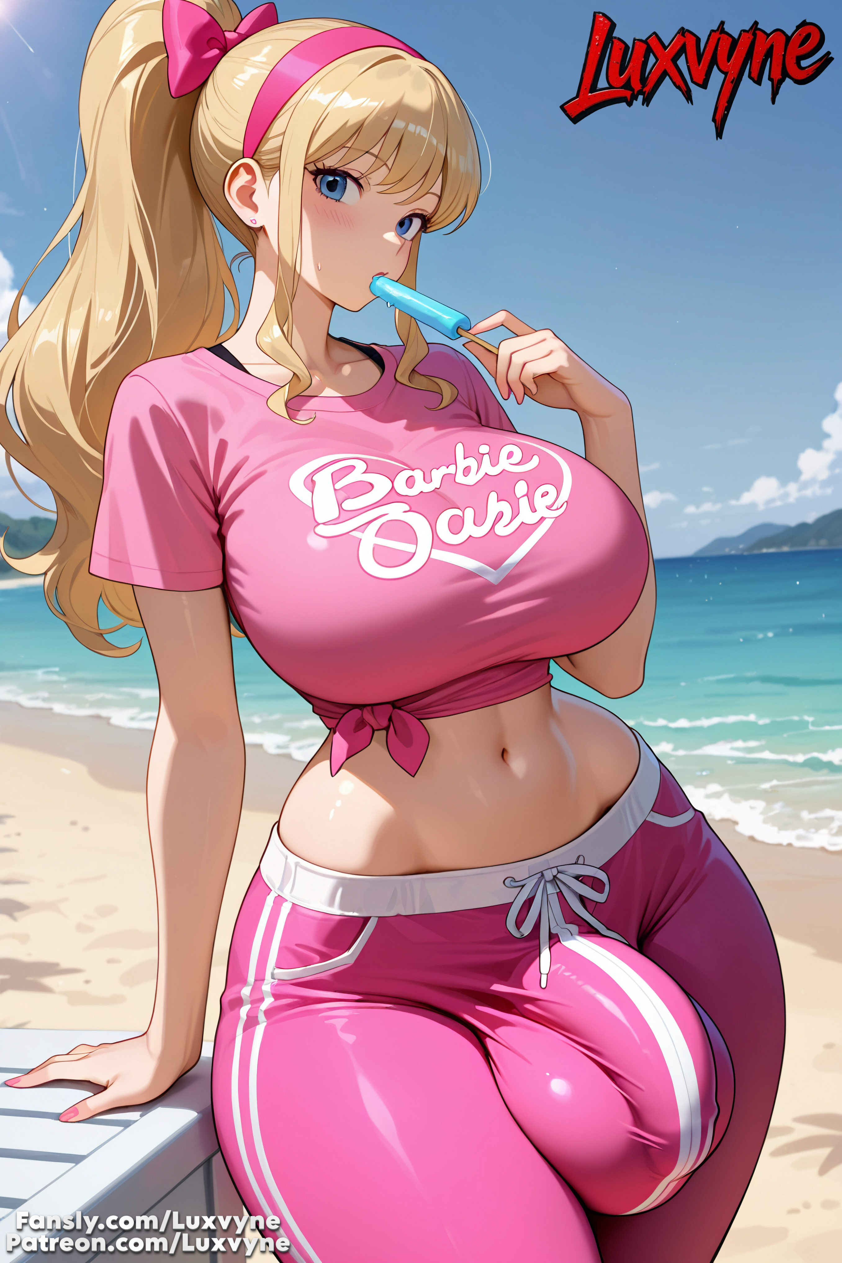 1futa, ai generated, big breasts, big bulge, big testicles, blonde hair, bulge, futanari, luxvyne, outdoors