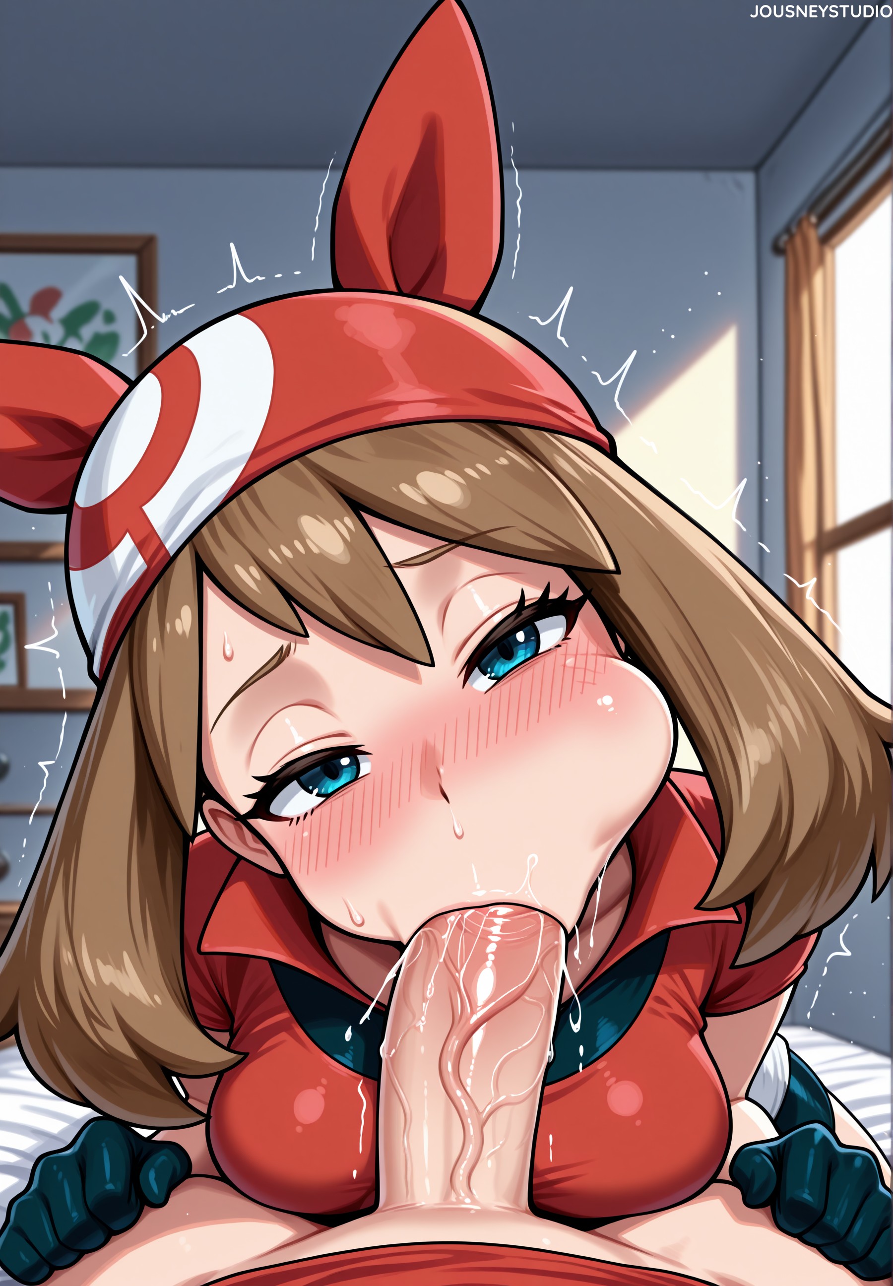 :>=, 1boy, ai generated, bandana, bedroom, black gloves, blue eyes, blush, breasts, brown hair, cheek bulge, clothing, erection, eyelashes, fellatio, female, game freak, gloves, head tilt, indoors, jousneystudio, large breasts, looking at viewer, male, may (pokemon), medium breasts, medium hair, nintendo, oral, patreon username, penis, pokemon, pokemon rse, pokemon rse (anime), pokemon: lucario and the mystery of mew, red bandana, red headwear, red shirt, saliva, shirt, short sleeves, solo focus, straight, sweat, tearing up, trembling, veins, veiny penis, web address, window