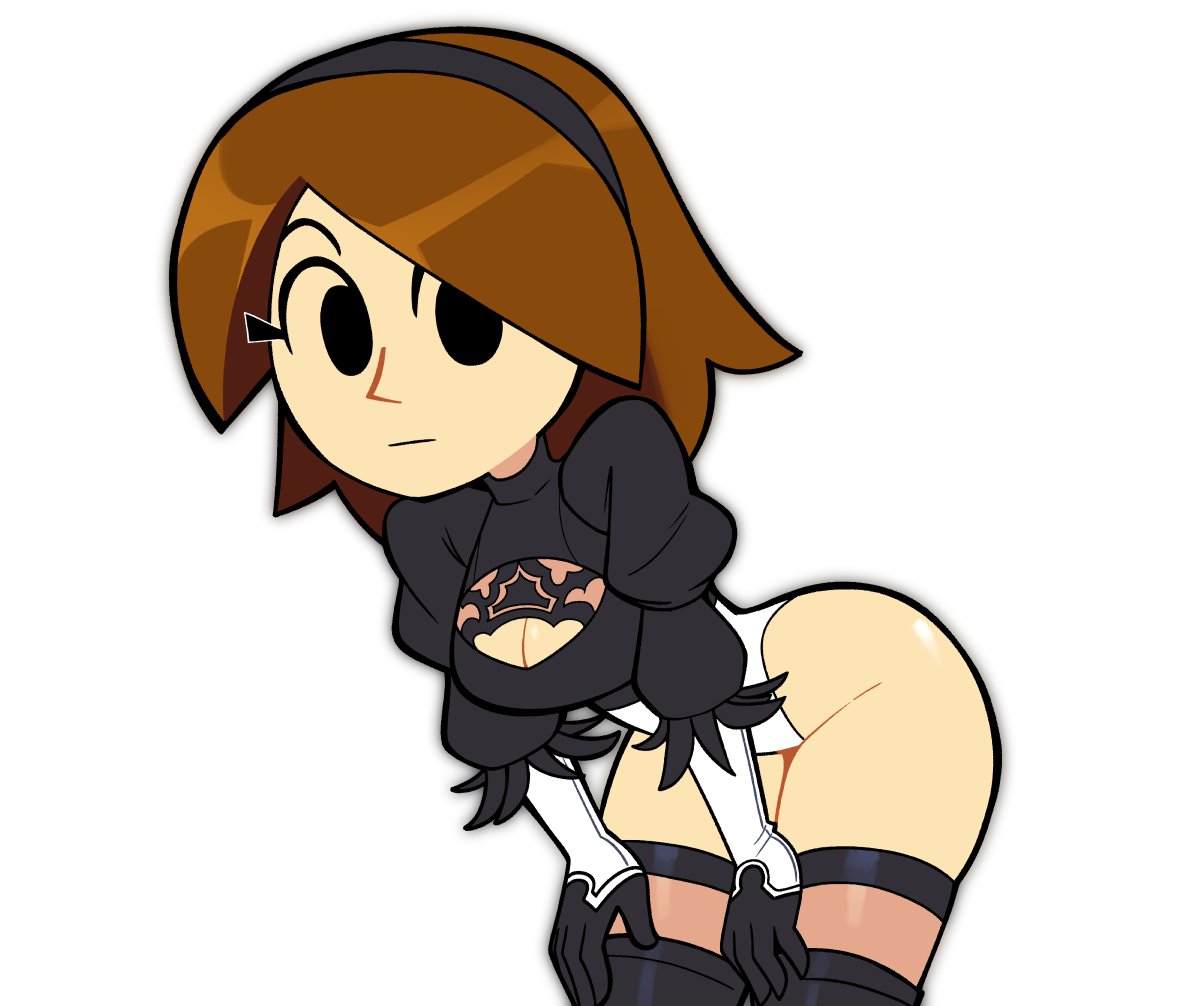 1girls, ass, bent over, black eyes, black footwear, black gloves, black hairband, black thighhighs, boots, breasts, brown hair, cleavage, cleavage cutout, closed mouth, clothing, clothing cutout, cosplay, cowboy shot, crossover, crossover cosplay, expressionless, feather-trimmed sleeves, female, gloves, hairband, hands on own knees, hands on own thighs, highleg, highleg leotard, juliet sleeves, leaning forward, leotard, long sleeves, looking at viewer, medium breasts, medium hair, mii, mii gunner, mii gunner (smash 4), nier (series), nier: automata, no blindfold, puffy sleeves, scott falco, scottfalco (artist), short hair, simple background, solo, swept bangs, thigh boots, thighhighs, thighhighs under boots, thighs, white background, white leotard, yorha 2b (cosplay)