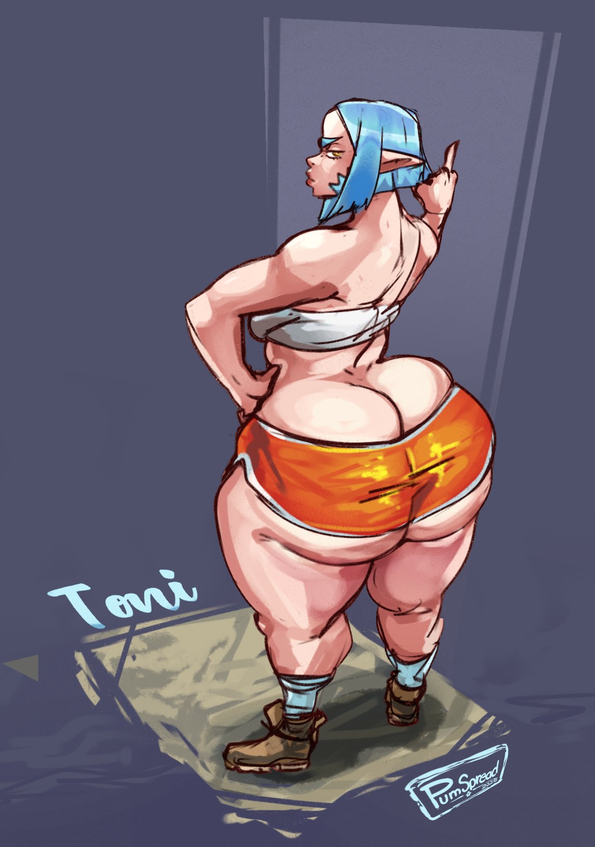 1girls, ass, ass cleavage, big ass, blue hair, bottom heavy, breasts, butt crack, clothing, crop top, fanart, fat ass, female, female only, gluteal fold, hand on hip, huge ass, large ass, looking at viewer, looking back, massive ass, middle finger, no panties, original, pointy ears, pumspread, rear view, shoes, shorts, shortstack, small breasts, socks, solo, thick ass, thick thighs, thunder thighs, toni (shinobupp), wide hips, yellow eyes