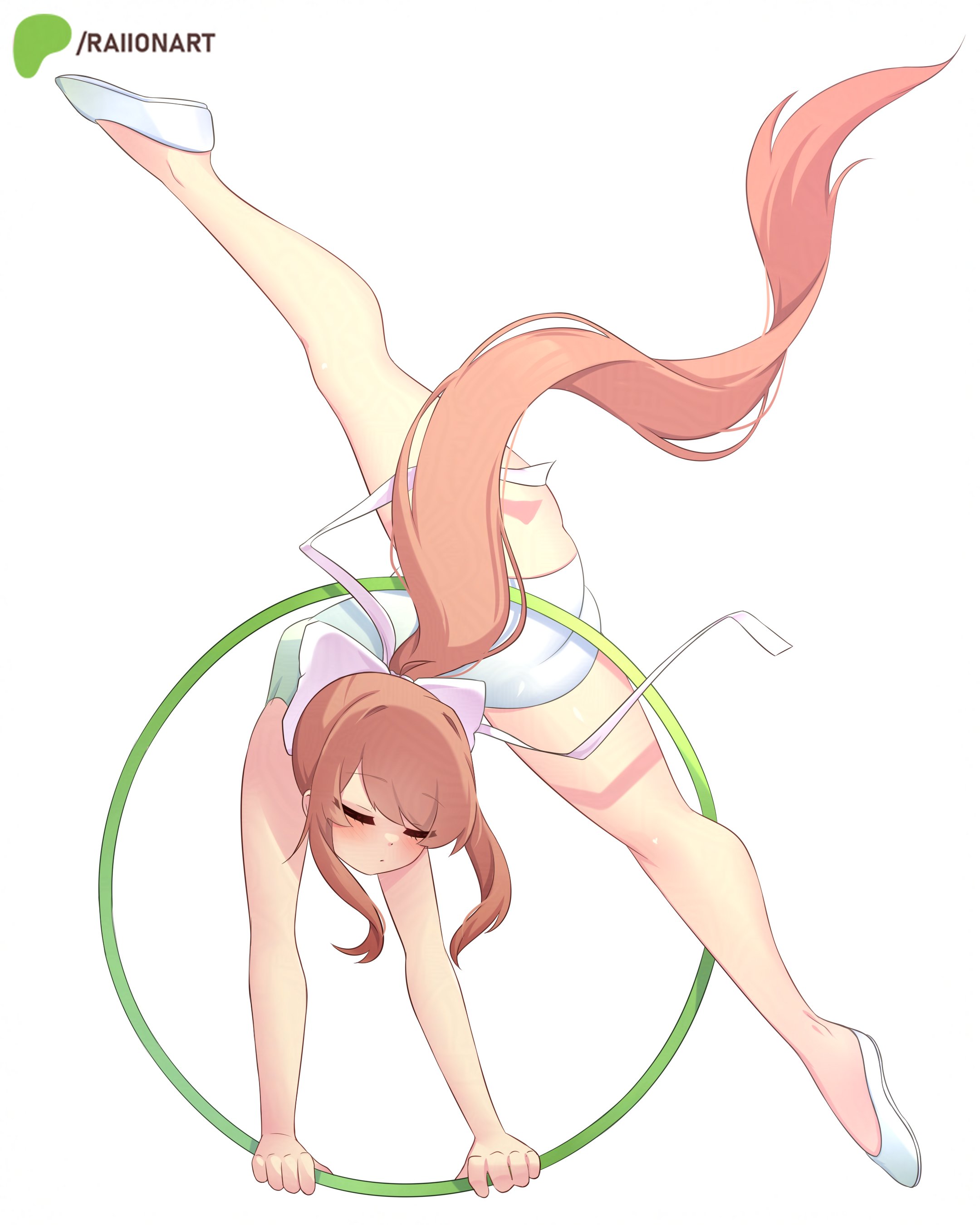 1girls, acrobatic, aerial hoop, athletic, bow, brown hair, closed eyes, doki doki literature club, flexible, full body, gymnastics, hoop, long hair, monika (doki doki literature club), ponytail, raionart, shoes, simple background, sportswear, spread legs, upside-down, white background, white bow, white footwear
