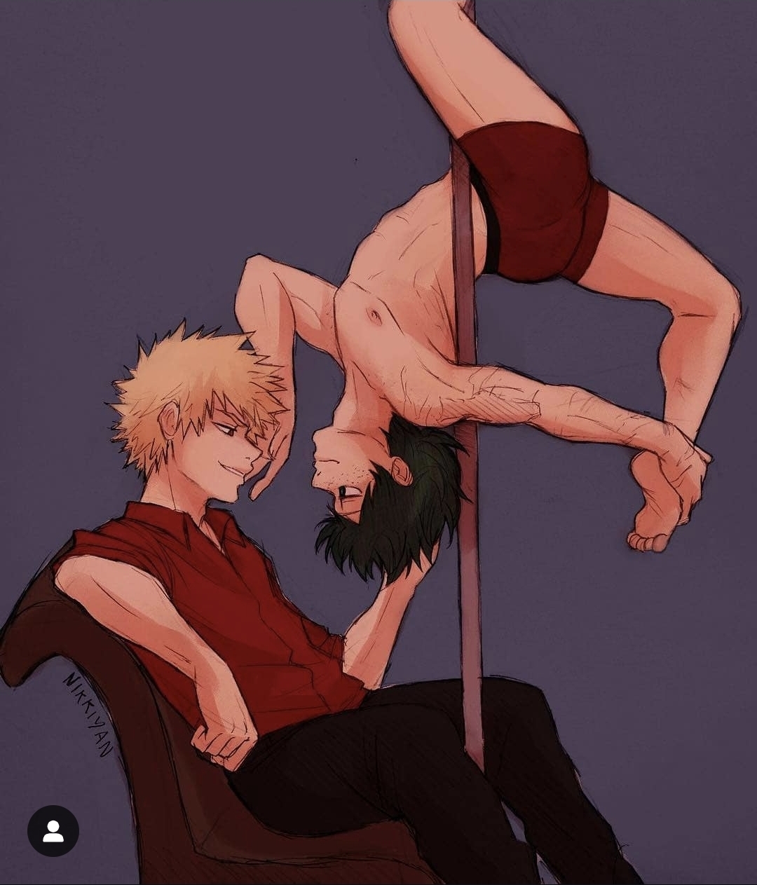 2boys, bakugou katsuki, fingers in hair, gay, grabbing hair, izuku midoriya, katsuki bakugou, male only, male/male, midoriya izuku, multiple boys, multiple males, my hero academia, nikkiyan, no visible genitalia, pole dancing, showing off, upside down, upside-down, yaoi
