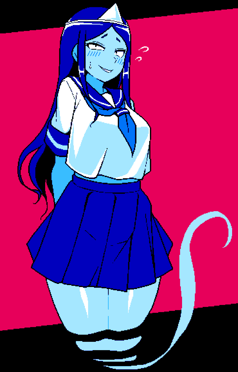 1girls 2d arms_behind_back blue_body blue_skin blush breasts clothed female female_only game_cg ghost ghost_(jermaneels) ghost_girl ghost_tail grin headpiece huge_breasts jermaneels long_hair midriff pixel_art sailor_uniform school_uniform skirt strip_rock-paper-scissors_-_ghost_edition thick_thighs thighs triangular_headpiece