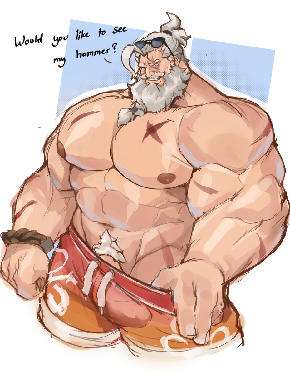bara, beard, big pecs, bulge, da ddy22, daddy, dadee (da ddy22), dilf, male, male only, overwatch, reinhardt, scar, scar on face, solo, sunglasses, sunglasses on forehead, sunglasses on head, white hair