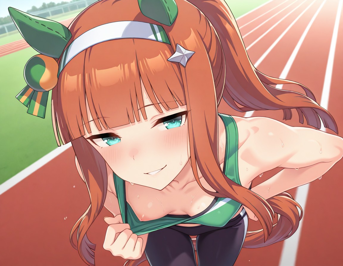 ai generated, blush, flashing, seductive smile, senam66, silence suzuka (umamusume), sportswear, umamusume