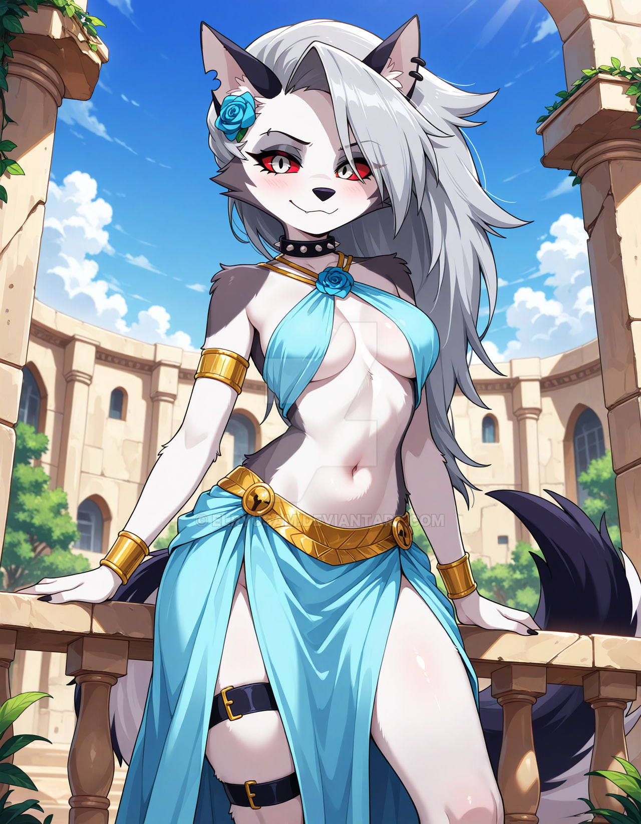 1girls, ai generated, anthro, belly dancer, belly dancer outfit, blush, breasts, canid, canine, canis, day, daytime, demon, demon girl, ear piercing, ears, elryusam, female, female only, flower in hair, furry, grey body, grey fur, grey hair, hellhound, helluva boss, long hair, looking at viewer, loona (helluva boss), notched ear, outdoors, outside, red sclera, small breasts, smile, smiling, smiling at viewer, solo, spiked collar, tagme, tail, teenage girl, two-tone body, two-tone fur, two-tone tail, vivienne medrano, white body, white eyes, white fur, wolf, wolf girl, youtube