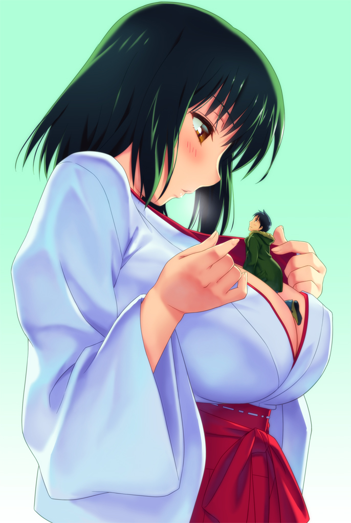 1boy black_hair blush breasts breath breathing brown_eyes cleavage coat erect_nipples female from_side giantess hakama japanese_clothes large_breasts macro_female micro_in_cleavage micro_male micro_on_macro miko nipple_bulge person_between_breasts profile red_hakama shared_clothes shrine_maiden teston underneath_clothing