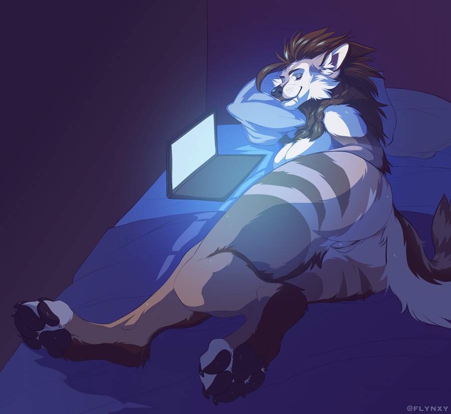 anthro ass bed breasts canid canine canis computer domestic_dog female flynx-flink laptop lying mammal on_side pillow pussy solo thick_thighs