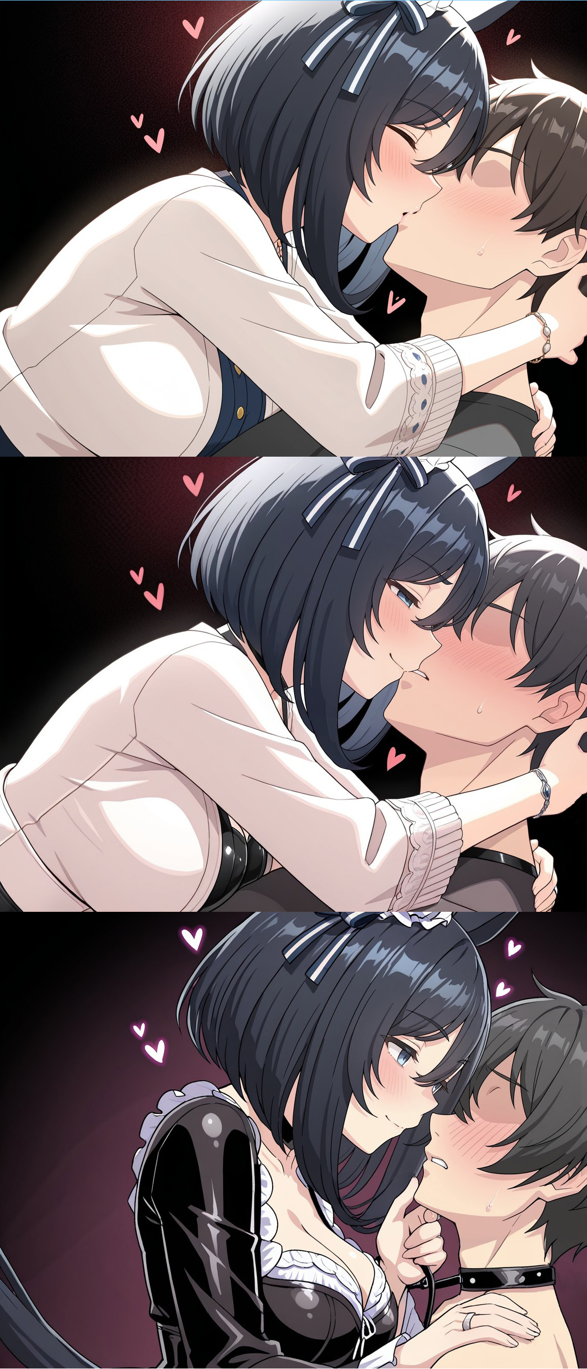 ai generated, black hair, cardigan, collar, eishin flash (umamusume), imminent sex, kissing, leashed male, married couple, seductive look, senam66, smile, umamusume, wedding ring