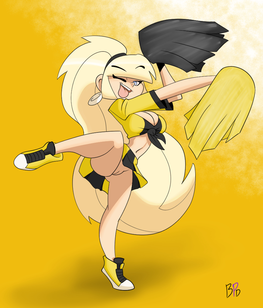 2019, action pose, big hair, bigdad, blonde hair, blue eyes, cheerleader, cleavage, clothed, clothing, disney, disney channel, disney xd, eyebrows visible through hair, female, flashing, gravity falls, hoop earrings, human, innie pussy, leg up, looking at viewer, no panties, one eye closed, pacifica northwest, pom poms, pussy, skirt, sneakers, solo, straight hair, tongue, tongue out, very long hair, yellow background