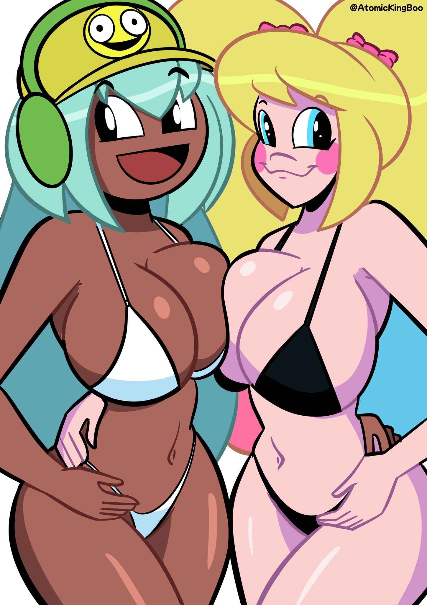 :3, 2girls, aqua hair, ass, atomickingboo, baseball cap, big ass, big breasts, big thighs, bikini, black eyes, blonde hair, blue eyes, breasts, brown skin, dark skin, dark-skinned female, dolly dimpley, female, gigantic ass, gigantic breasts, gigantic thighs, headphones, huge ass, huge breasts, huge thighs, light skin, light-skinned female, long hair, open mouth, smiling friends, the besties (atomickingboo), thick thighs, thighs, twintails, wendy wendy