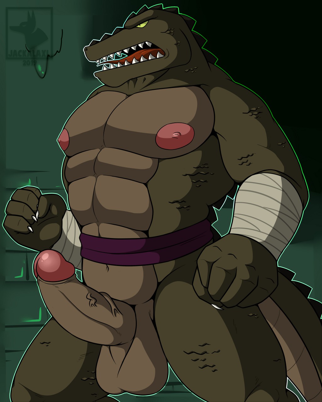 1boy 2019 abs anthro erection gay green_eyes hi_res humanoid_penis jackalaxl leatherhead male male_only muscular nipples pecs penis reptile sharp_teeth solo solo_male teenage_mutant_ninja_turtles teeth testicles