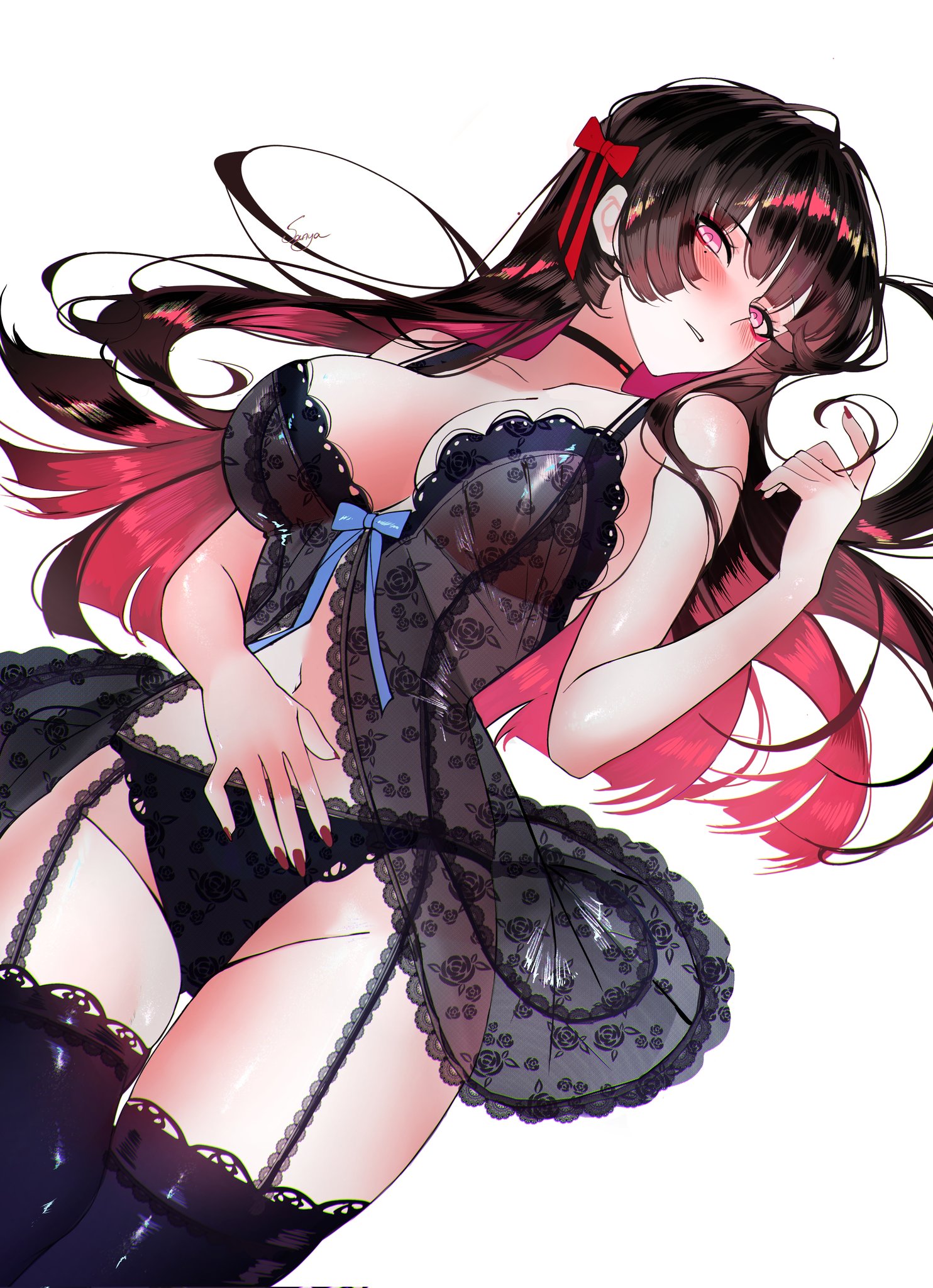 1girls, black hair, black lingerie, breasts, chisa (wuthering waves), exposed breasts, lingerie, long hair, red eyes, thighhighs, white background, wuthering waves