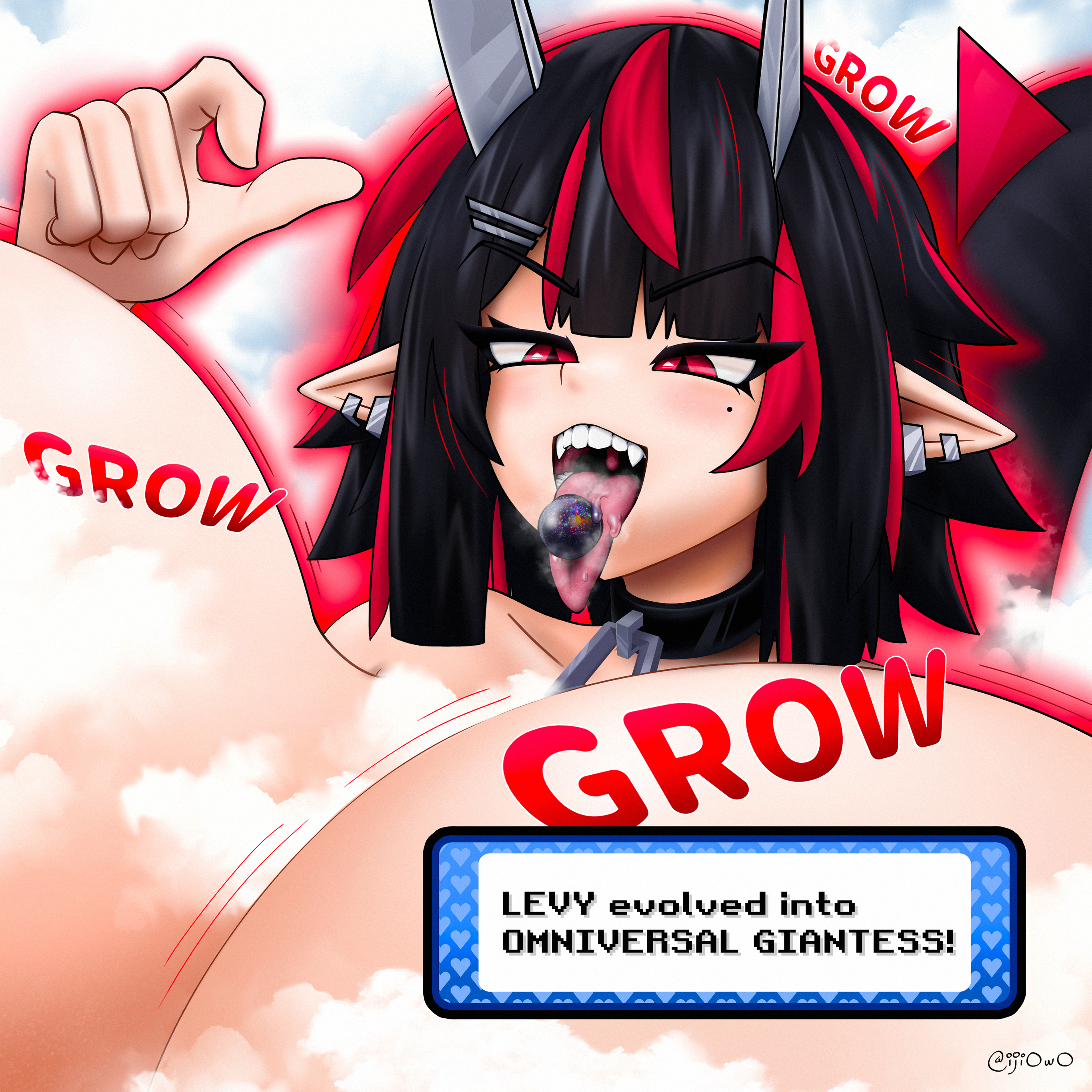 beauty mark, black hair, breast expansion, breasts bigger than head, breath, clouds, giant breasts, giant female, giantess, giantess growth, goddess, growing, growth, horns, huge breasts, hyper, hyper breasts, ijiowo, kaiju girl, levy (ijiowo), macro, macro female, monster girl, piercings, red eyes, red highlights, sharp teeth, tongue out, universe, vore