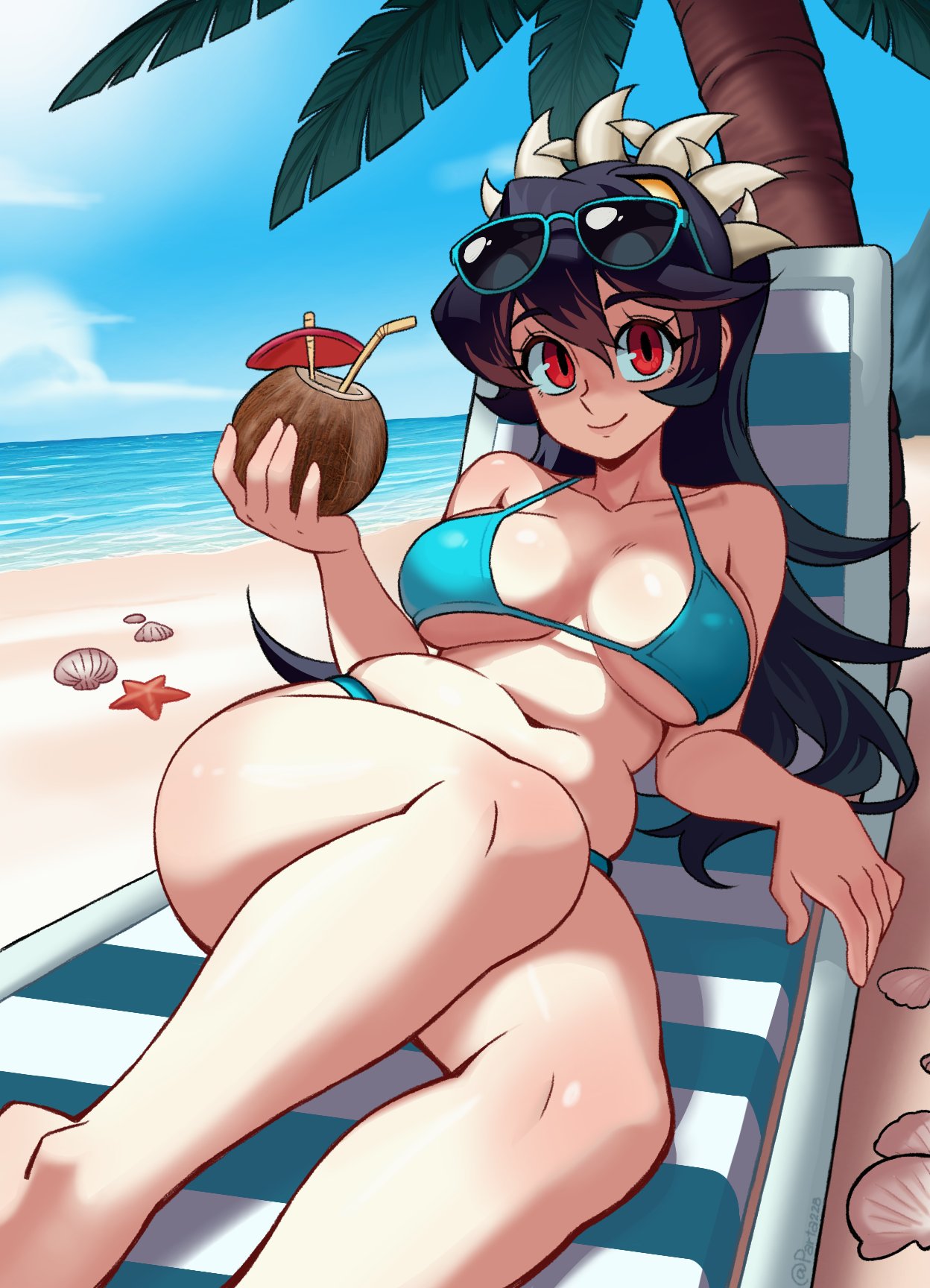 ai generated, beach background, bikini, black hair, chubby, eyewear on head, female, female focus, female only, filia (skullgirls), glasses, parta288, red eyes, samson (skullgirls), skullgirls, solo, solo female, solo focus, sunglasses, teenager