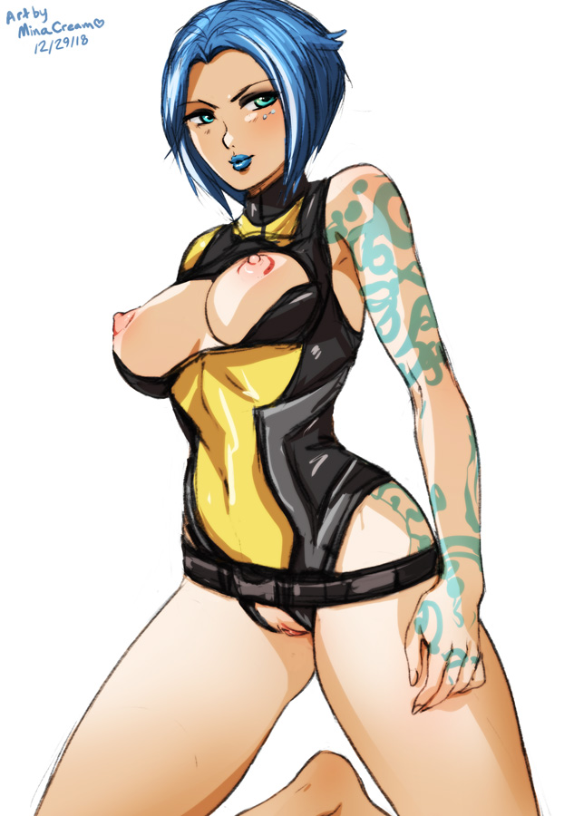 1girls, 2018, 2d, areolae, blue hair, blue lipstick, bob cut, body markings, borderlands, borderlands 2, breasts, clothing, crotchless, dated, exposed breasts, exposed pussy, female, female only, hair, maya (borderlands), minacream, nipples, pussy, siren (borderlands), siren markings, sketch, solo, solo female, tattoo, video games