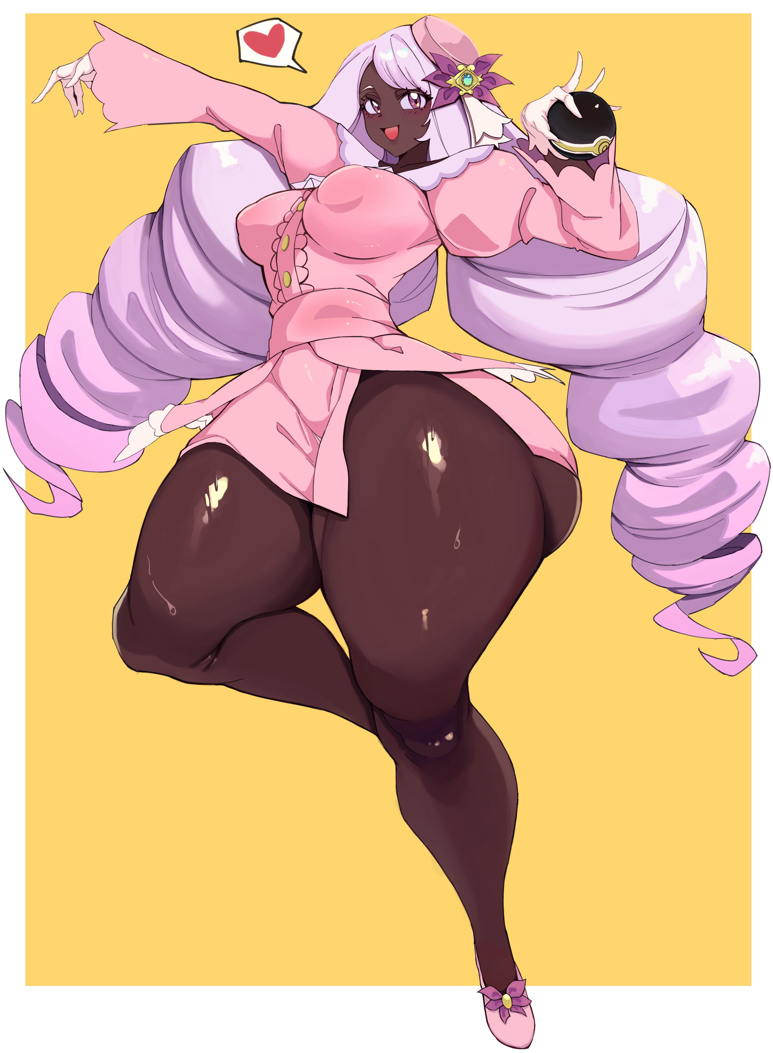 1girls, big breasts, dark-skinned female, dress, female, high heels, jacinthe (pokemon), long hair, nintendo, pinkygoat69, pokemon, pokemon legends z-a, pokemon legends: z-a, pokemon za, thick ass, thick legs, thick thighs, twintails, yukari (pokemon)