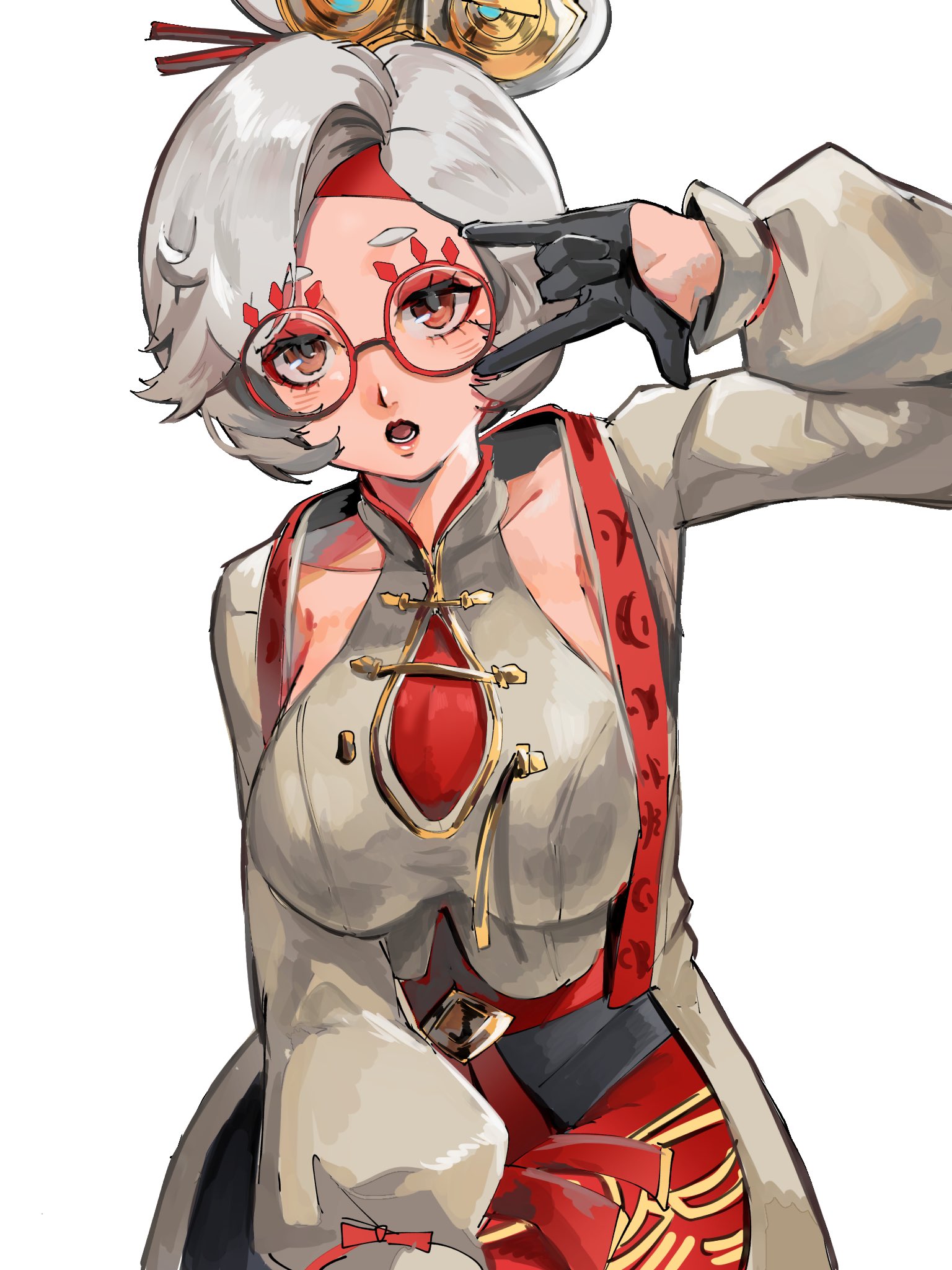 4me3ba niku, black gloves, blush, breasts, commentary, eyeshadow, female, glasses, gloves, hair bun, hair ornament, hair stick, headband, highres, large breasts, looking at viewer, makeup, nintendo, open mouth, pantyhose, purah, purah (tears of the kingdom), red eyes, red eyeshadow, red headband, red pantyhose, red-framed eyewear, round eyewear, sheikah, short hair, simple background, solo, tears of the kingdom, the legend of zelda, the legend of zelda: tears of the kingdom, updo, white background, white hair
