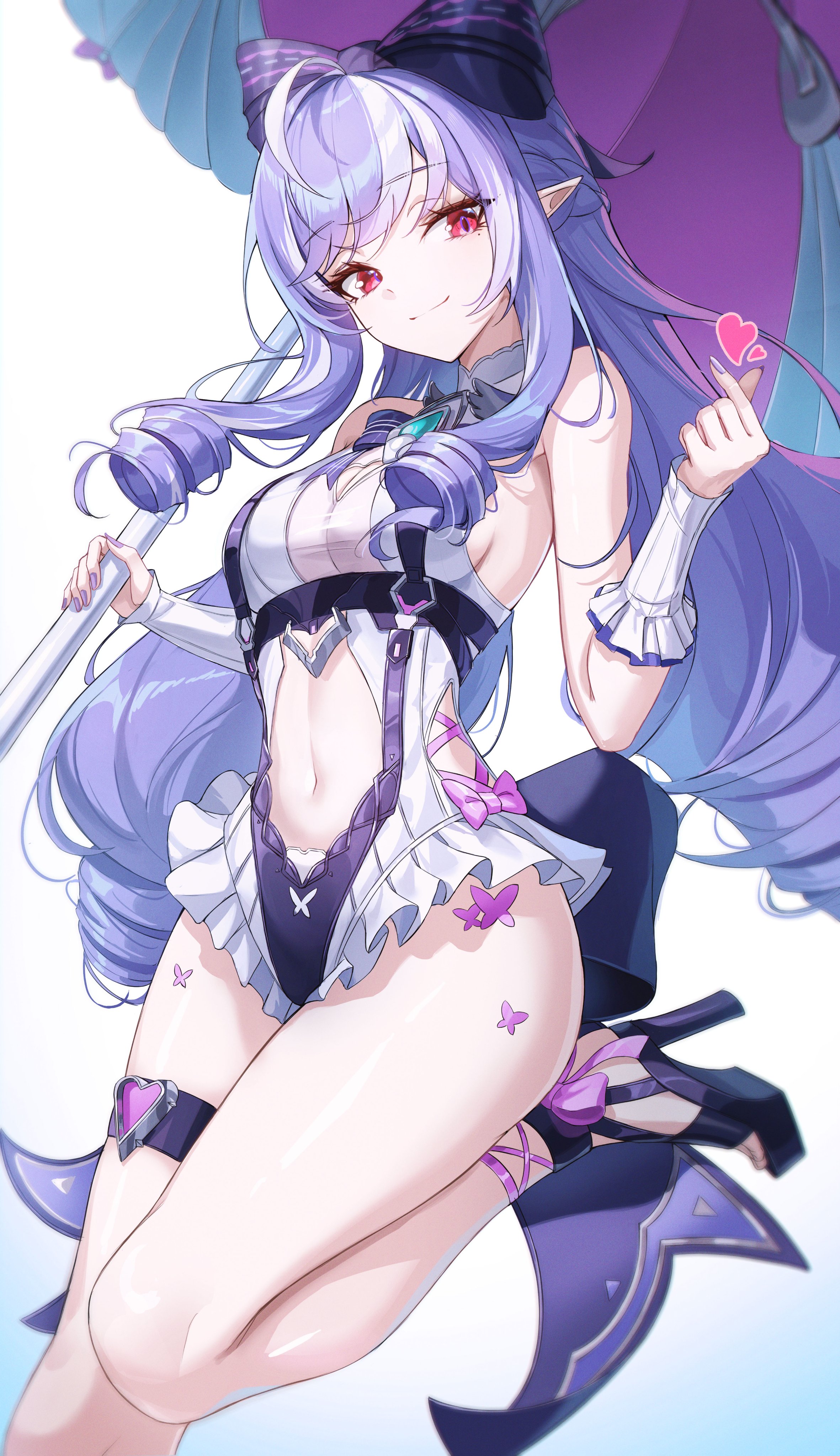 1girls, breasts, exposed breasts, female, hoyoverse, legs, long hair, mihoyo, official alternate costume, purple hair, red eyes, swimsuit, vivian banshee, vivian banshee (iris of the shore), white swimsuit, zenless zone zero