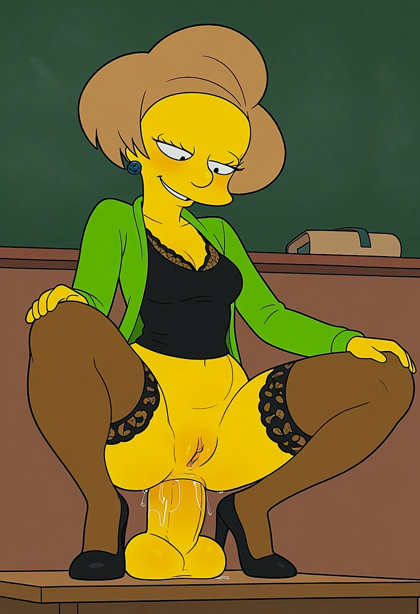 1girls, 20th century fox, 20th century studios, ai generated, blush, blushing, bottomless, dildo, dildo in ass, disney, ear piercing, edna krabappel, enjoying, female, female only, hands on knees, heels, huge dildo, matt groening, no panties, older female, pleasure face, pussy, squatting, stockings, teacher, the simpsons, yellow body, yellow skin