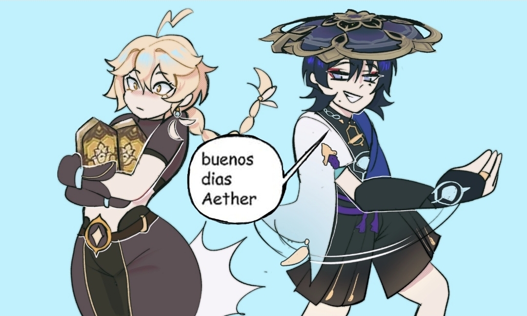 2boys, aether (genshin impact), ass bigger than head, ass slap, big ass, buenos dias mandy, dat ass, duo, eikoko, genshin impact, hoyoverse, male, male only, meme, multiple males, scaramouche (genshin impact), spanish dialogue, spanish text, wanderer (genshin impact)