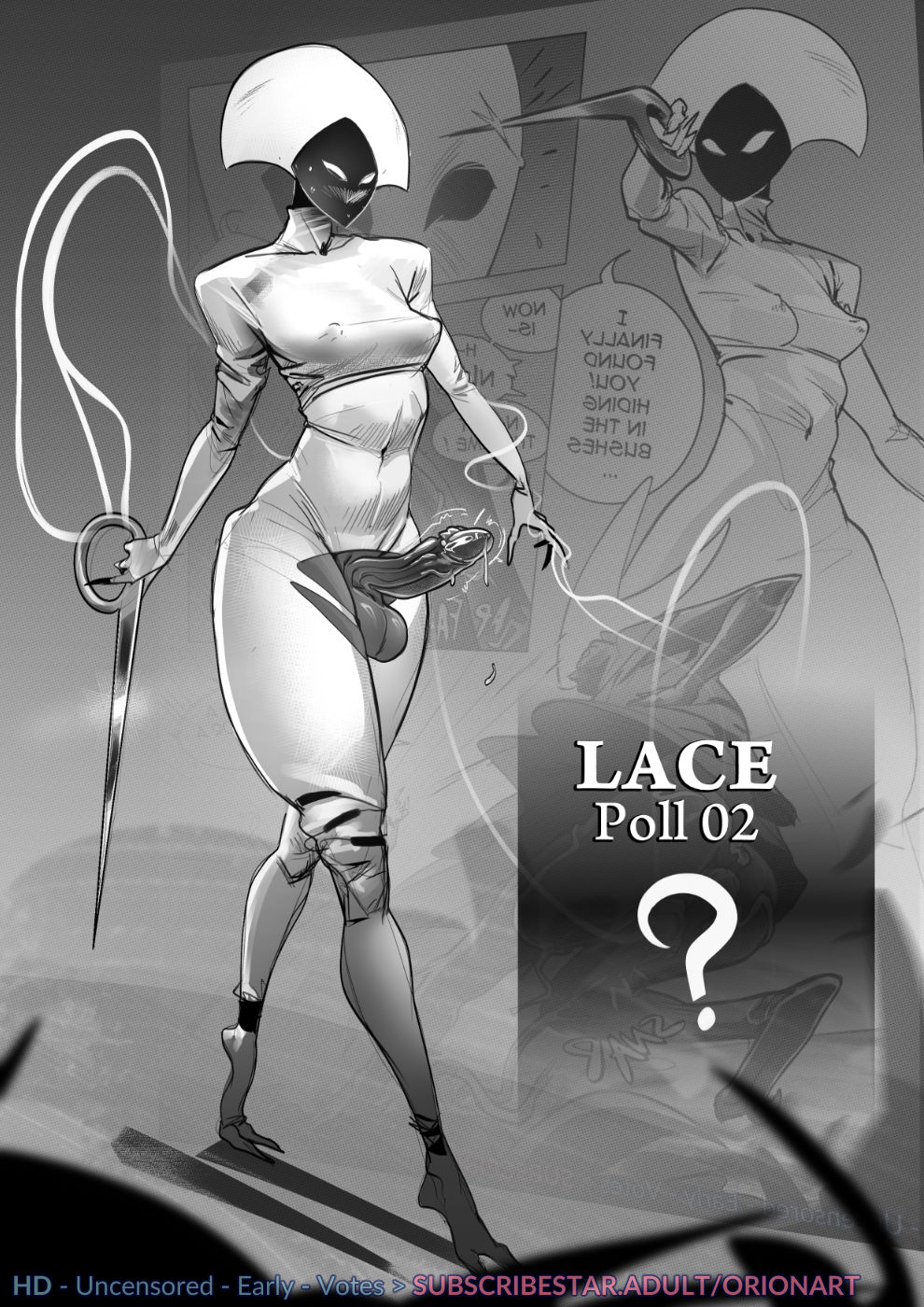 1futa, balls, black and white, breasts, clothed, clothing, english text, erection, futa only, futanari, hollow knight, hollow knight: silksong, hourglass figure, huge balls, humanoid, humanoid penis, lace (hollow knight), leaking penis, leaking precum, mask, mostly clothed, orionart, penis, perky breasts, solo, standing, testicles