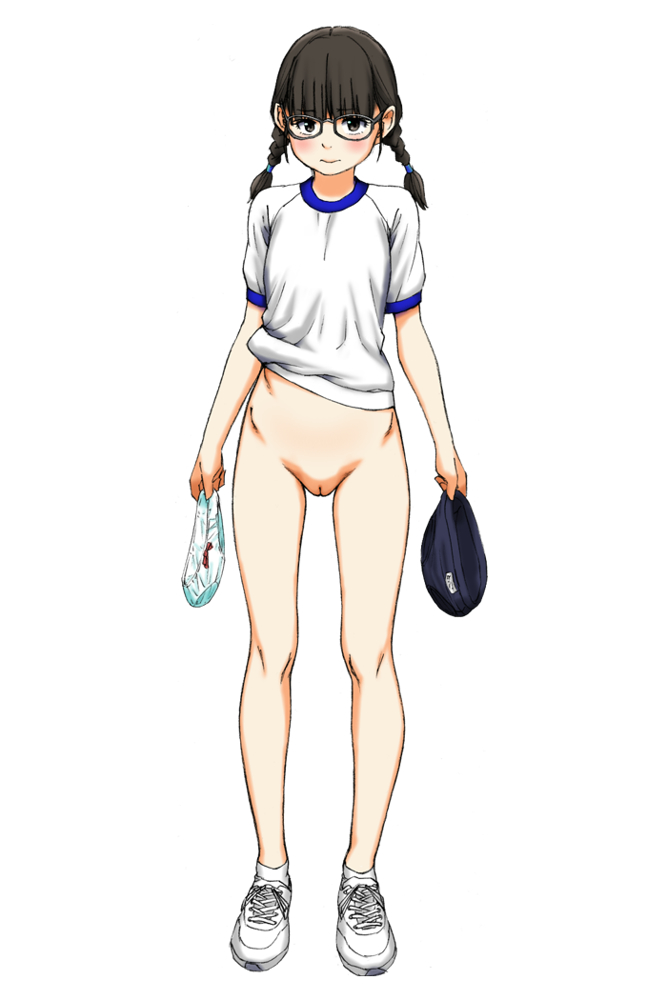 ankle_socks anklehighs black-framed_eyewear black_eyes black_hair blush bottomless braid buruma embarrassed female full_body glasses gym_shirt gym_uniform holding holding_clothes holding_panties long_hair looking_at_viewer maburu original panties pussy shirt shoes simple_background socks socks_and_shoes solo standing twin_braids twintails uncensored underwear white_background white_socks