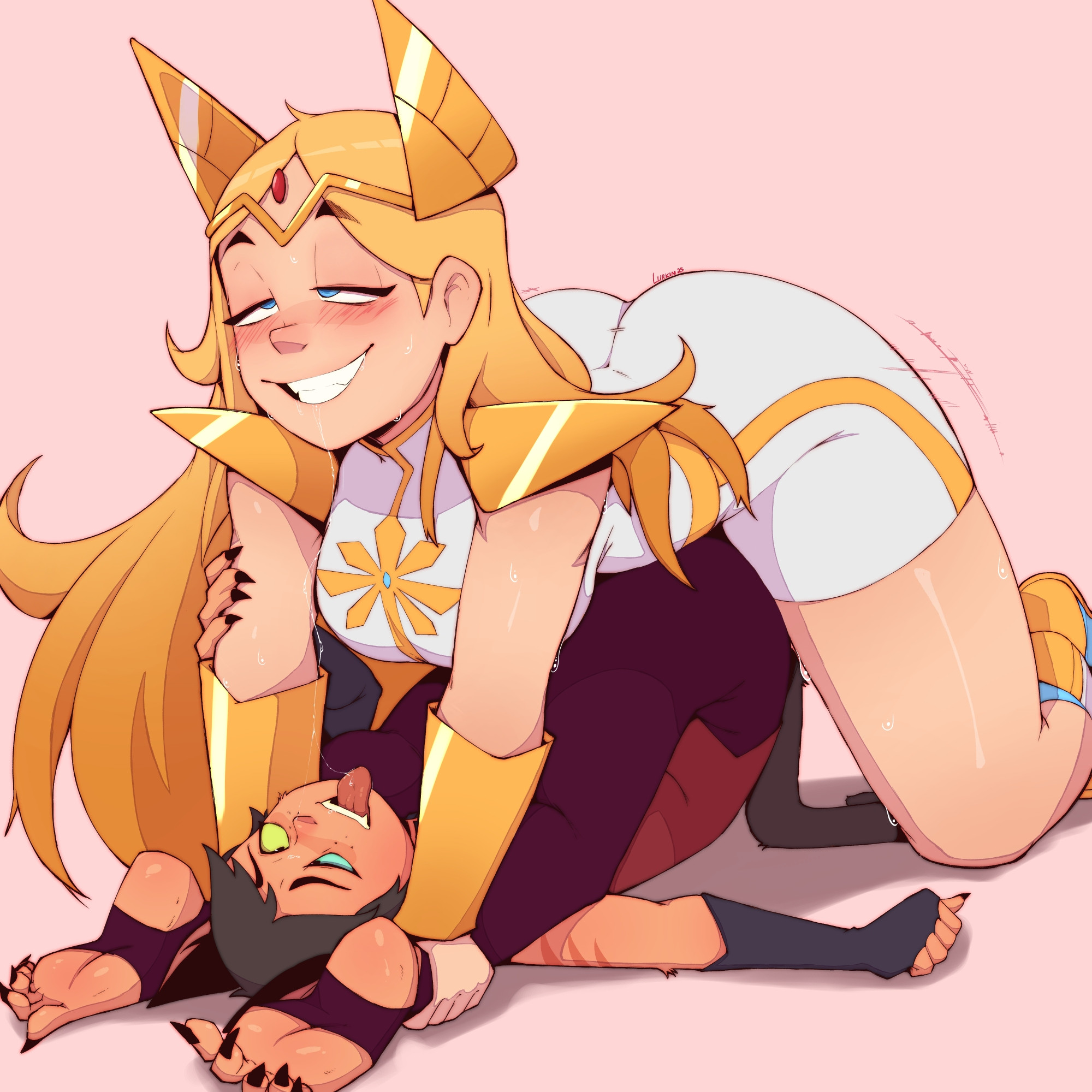 2025, 2girls, adora, animal ears, ass, blonde hair, blue eyes, blush, brown hair, canon couple, cat ears, cat tail, catgirl, catra, claws, drooling, fingerless gloves, freckles, freckles on face, fucked silly, gloves, happy sex, heterochromia, long hair, lurkin, lurkinpanda, mating press, missionary tribadism, motion lines, no shoes, saliva, sex, she-ra and the princesses of power, short hair, stirrup legwear, sweat, tagme, tail, thighs, through clothes, tongue, tongue out, tribadism, yuri