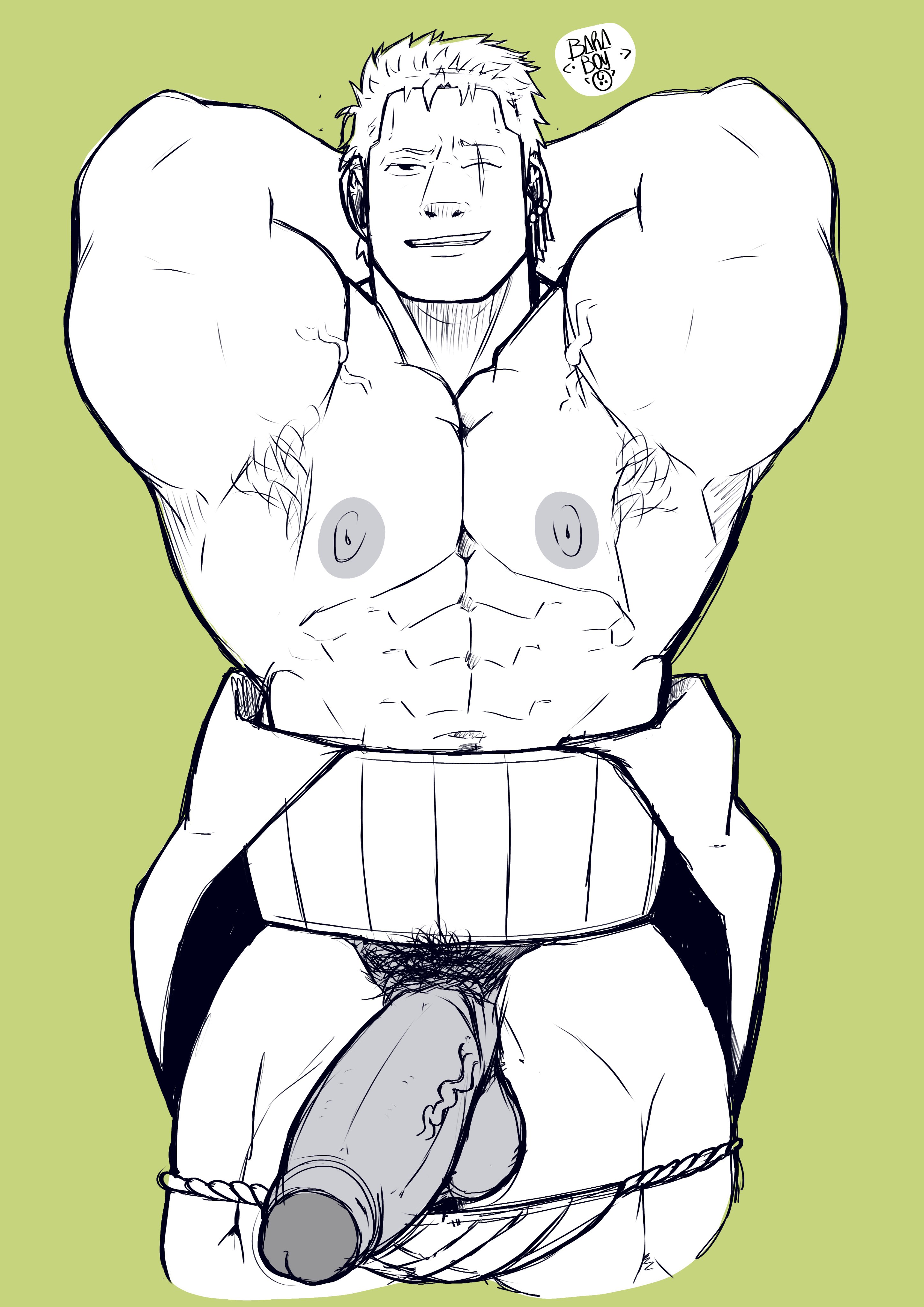 1boy, 1male, 1man, abs, armpit, armpit hair, armpits, balls, bara, bara tiddies, bara tits, baraboy, barazoku, biceps, big arms, big biceps, big boy, big breasts, big cock, big dick, big dick energy, big male, big nipples, big penis, chad, cock, dick, earrings, fundoshi, fundoshi down, fundoshi only, gay, gay male, glans, half naked, half naked male, half nude, half nude male, half-erect, hands behind head, haramaki, hyper muscles, japanese, japanese male, kimono, kimono down, large muscles, larger male, macho, male, male boobs, male breasts, male focus, male only, man boobs, masculine, masculine male, monochrome, muscular, muscular arms, muscular male, nipples, one piece, penis, penis down, pirate, pubic hair, roronoa zoro, scar, scar across eye, scar on face, shaved balls, smile, solo, solo focus, solo male, testicles, underwear, underwear down, underwear only, vein, veins, veiny, veiny cock, veiny dick, veiny muscles, veiny penis, yaoi, zoro, zoro (one piece)