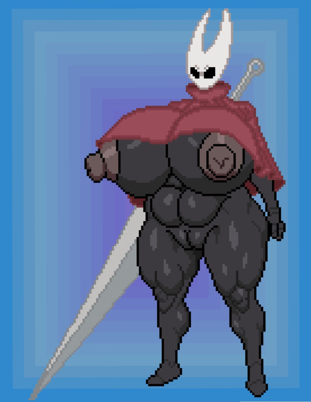 big breasts, big nipples, breasts, cloak, hollow knight, hollow knight (franchise), hollow knight: silksong, hornet (hollow knight), huge breasts, large breasts, muscular, muscular female, nipples, pixel, pixel art, solo, voluptuous female, weapon